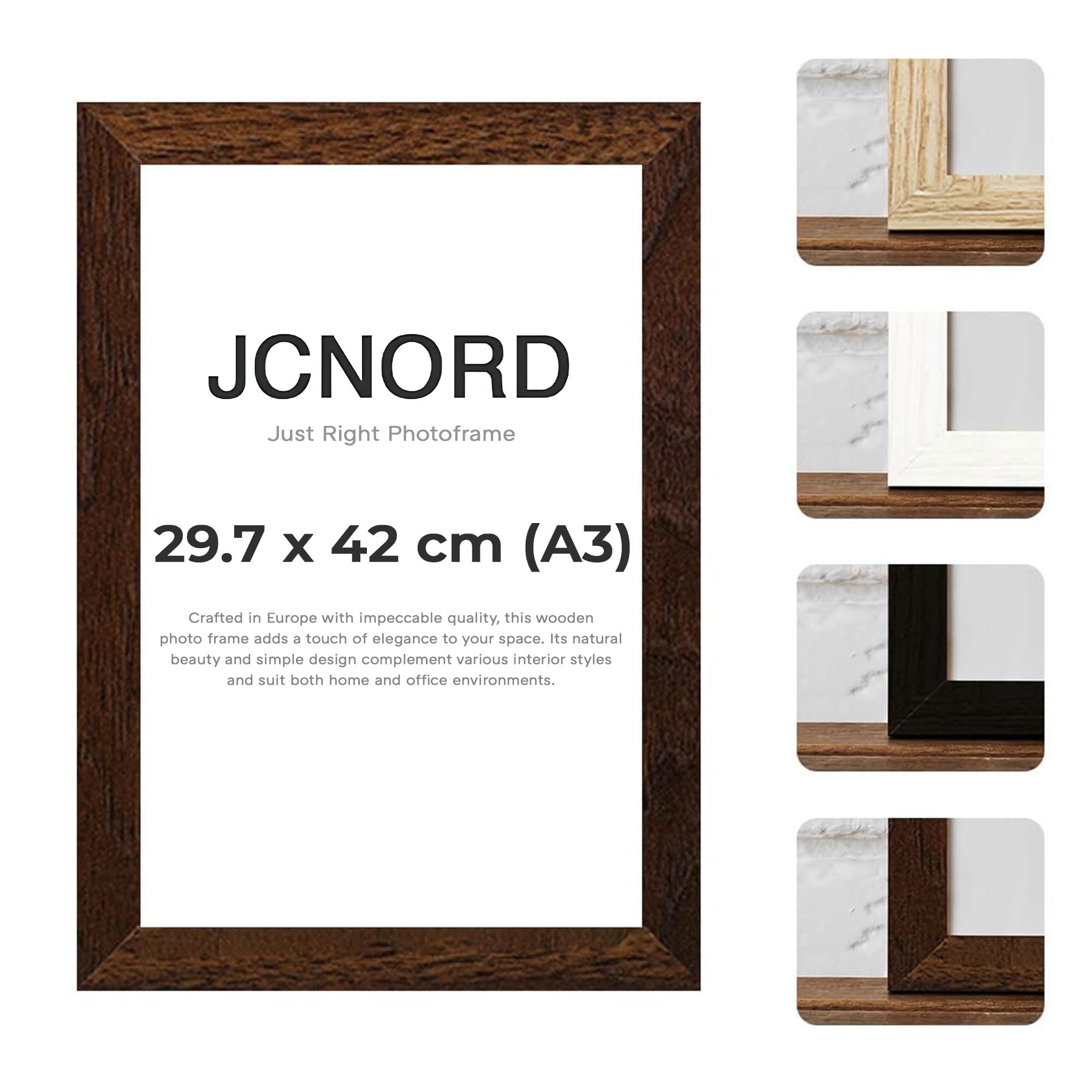 JCNORD MDF Walnut Wooden Picture Frame A3 (29.7x42 cm) with Shatterproof Acrylic Glass | Modern Photo Frame for Walls and Tables