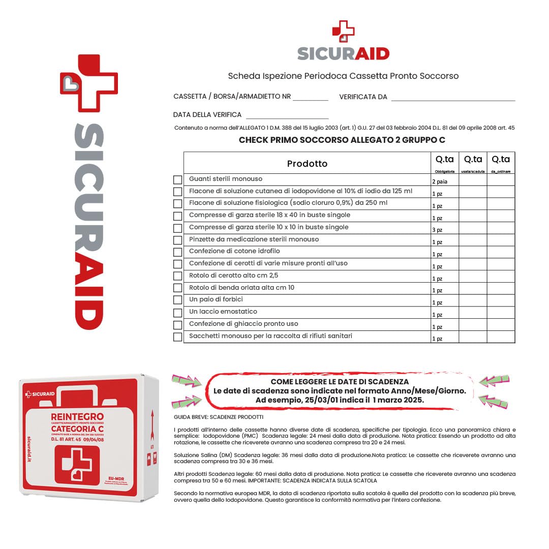 SICURAID Kit di Reintegro Pronto Soccorso Allegato 2 Gruppo C – Per Aziende fino a 2 Dipendenti – Lavoratori Conforme DM 388/2003 – Fornitura Ricambi Cassetta Medica