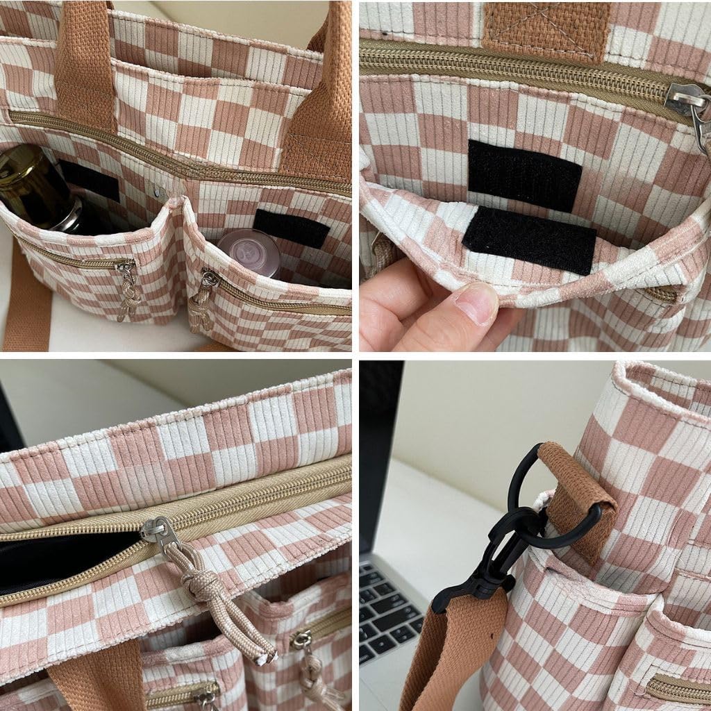 Checkered Multi-Pocket Tote Bag with Zipper, Large Capacity Shoulder Handbag with Detachable Strap