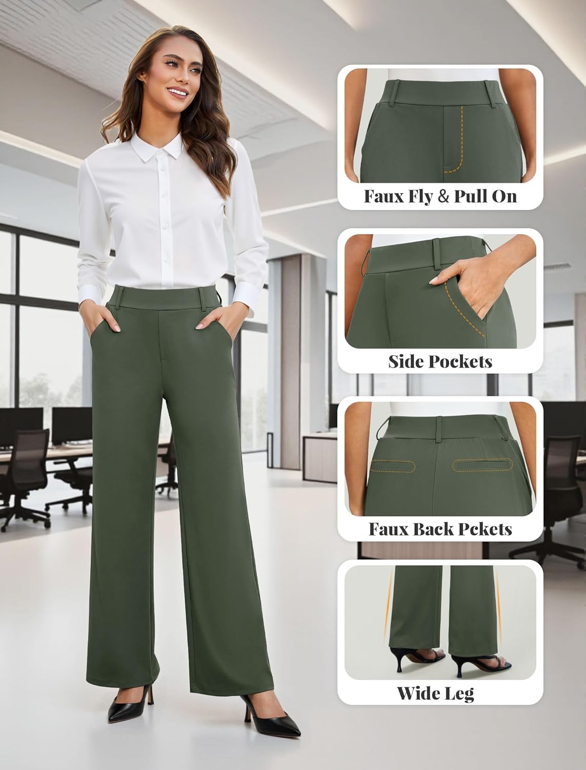 FireSwan Women's Wide Leg Dress Pants High Waisted Stretchy Work Trousers Business Casual Office Pull on Slacks with Pockets - Image 5