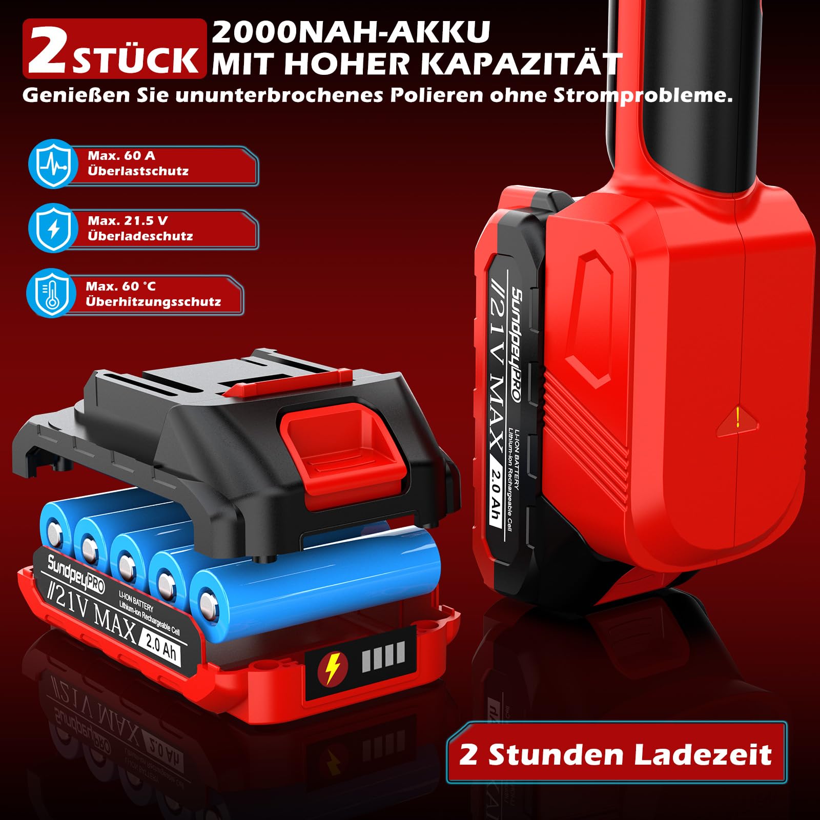 21V Poliermaschine Auto Akku, 6 Zoll Akku Poliermaschine mit Bürstenloser Motor & 2 Akkus & 8 Geschwindigkeitsstufen & 8000 U/min & 9mm Exzenter, für Wachsen, Polieren und Kratzerentfernung