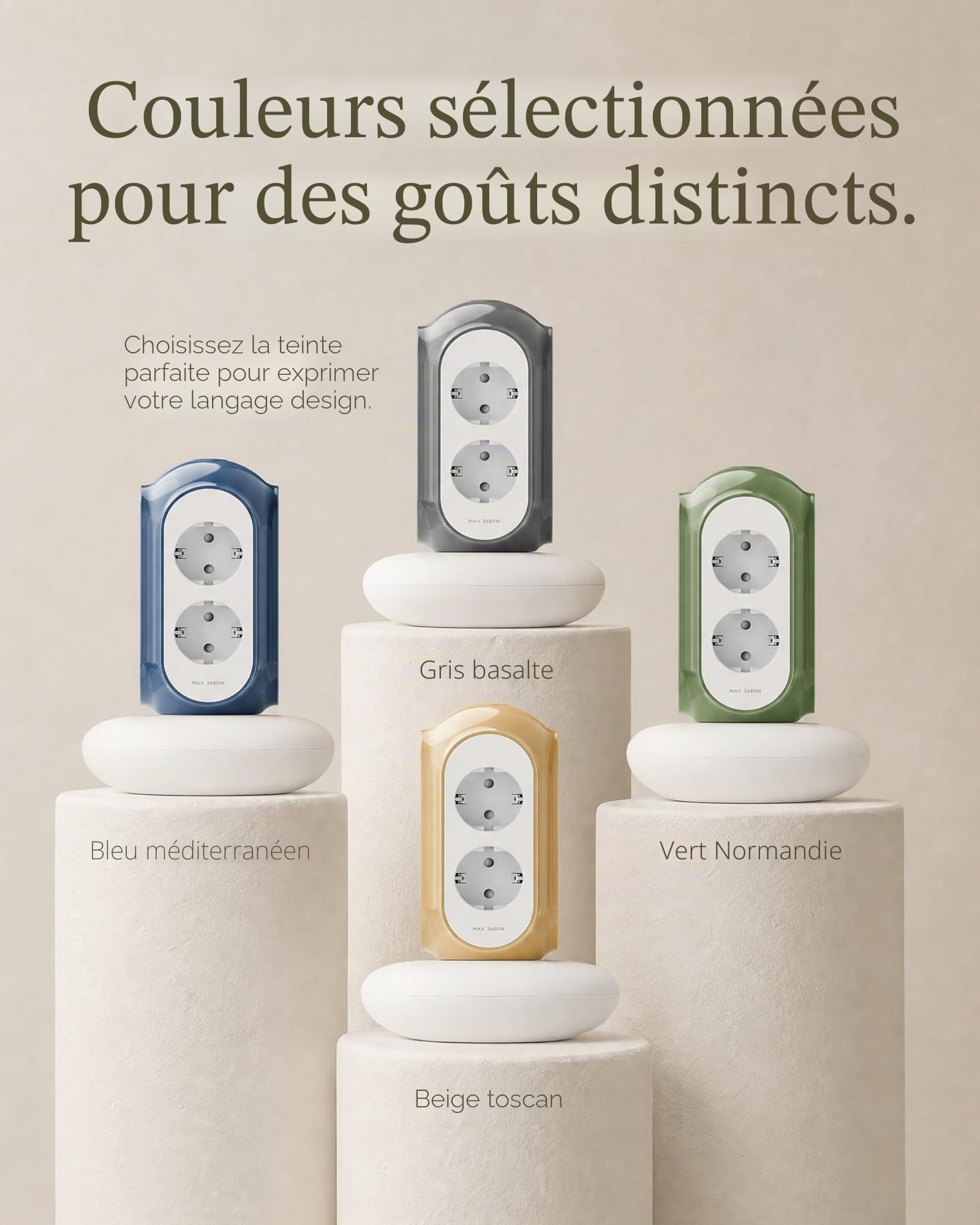 MiaoLab Multiprise Tour 6 Prises AC, 3680W/16A, Protection surtension 1420J, Base lestée 479g Anti-basculement, câble 2 m, Protection Surcharge (Beige Toscan)