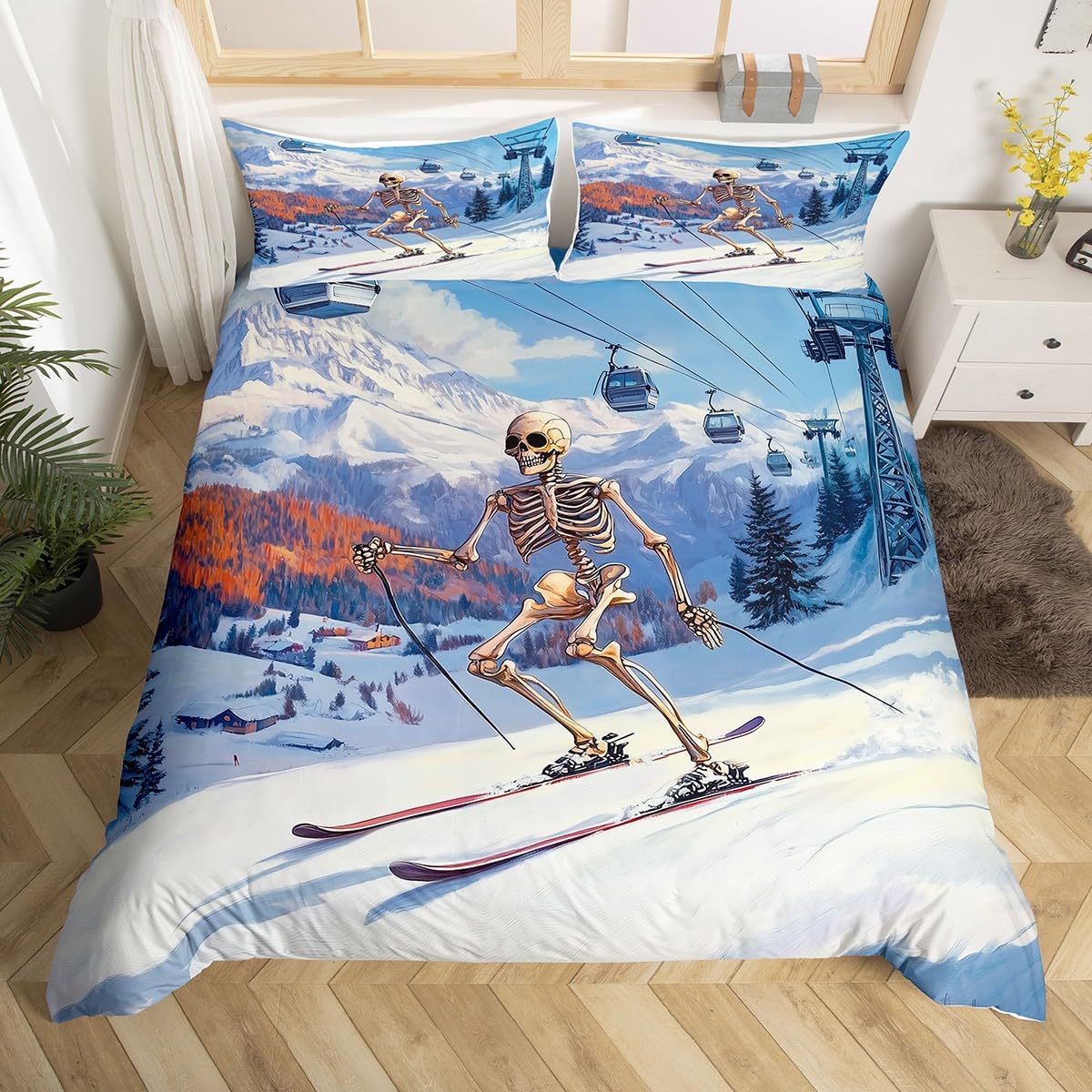 Skiing Duvet Cover Queen Size,Winter Extreme Sports Navy Ski Pole Snowboard Bedding Set 3 Pcs for Teens Adults,Natural Ski Slope Mount Pine Trees Comforter Cover(No Filler)