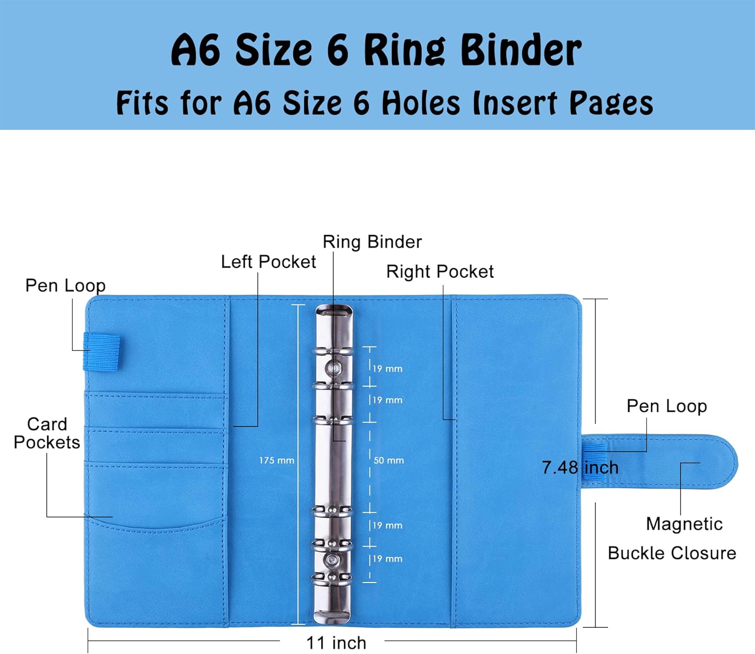 Antner A6 Binder 6 Ring Refillable Notebook Planner Cover for A6 Refill Paper, PU Leather Loose Leaf Personal Planner Money Organizer Wallet Budget Binder with Magnetic Buckle Closure, Sky Blue