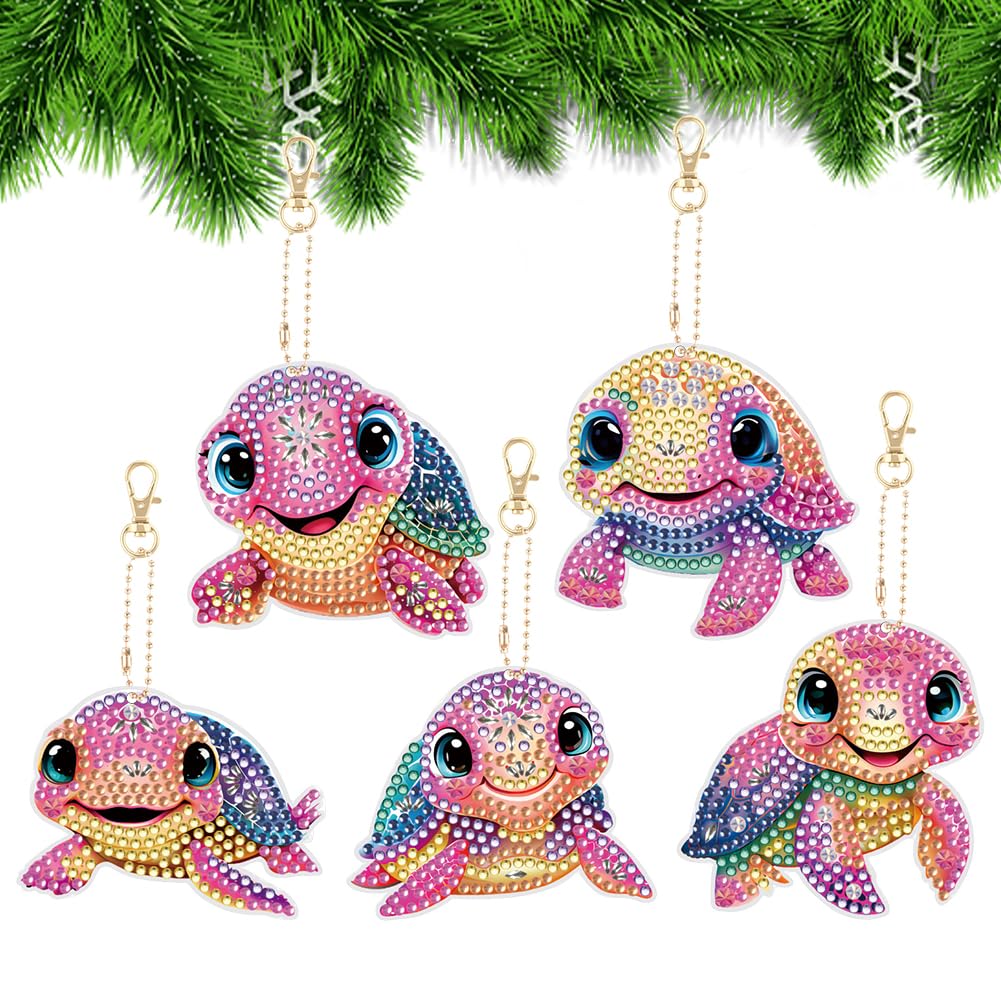 AUAUY 5 Pieces Diamond Painting Keychains, 5D DIY Turtle Diamond Art Painting Keychain Christmas Double Sided Hanging Diamond Art Kits Diamond Christmas Ornaments for Kids Crafts Decor Key Ring DIY