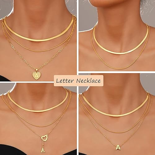 Miniatura 4 de FAXHION Gold Initial Necklaces for Women Girls, 3 Pcs 14K Gold Plated Letter Heart Pendant Necklaces, Dainty Gold Letter Necklace Set Layering