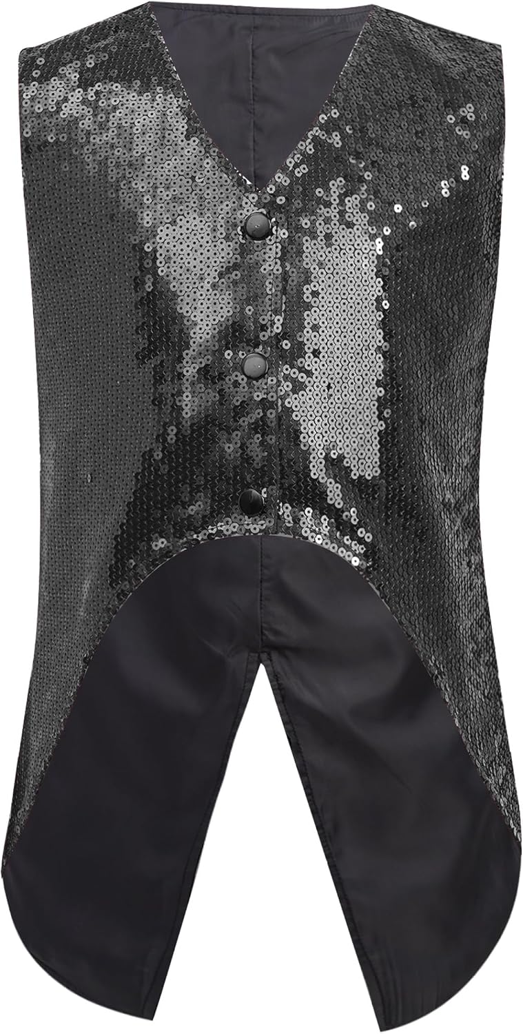 Kids Boys Sequin Button Vest Sparkly Tuxedo Waistcoat Sleeveless Swallowtail Dress Coat Tails Jacket Suit