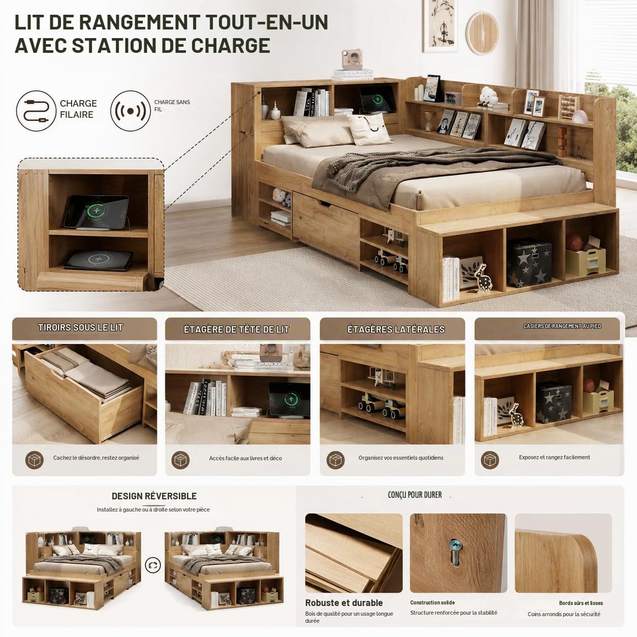 Lit Double 140x200 cm avec Rangement, Cadre de Lit Multifonction avec Tiroir et Étagères, Tête de Lit avec Chargeur sans Fil, Lit Bois Gain de Place, Naturel