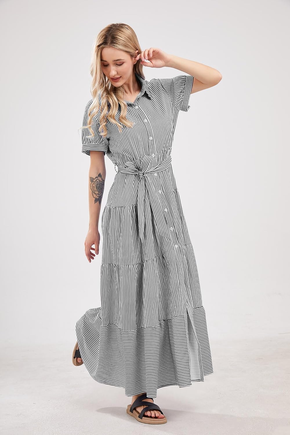 utcoco Womens Casual Short Sleeve Button Down Tie Waist Ruffled Striped Maxi Shirt Dress - Image 5