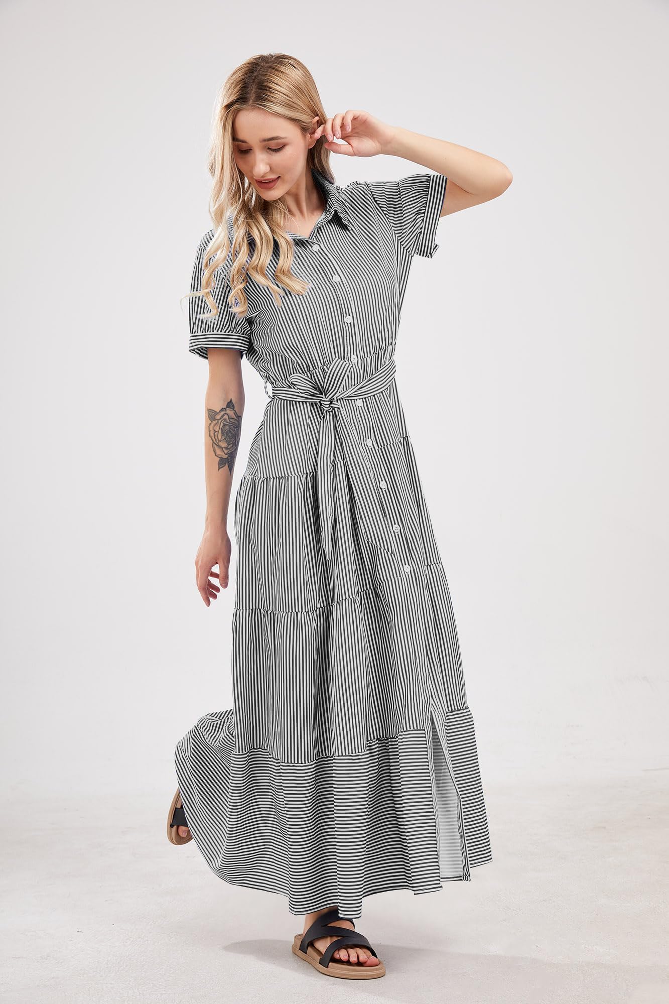 utcoco Lässiges Maxi-Hemdkleid für Damen, kurzärmelig, Knopfleiste, Taille, gerüscht, gestreift
