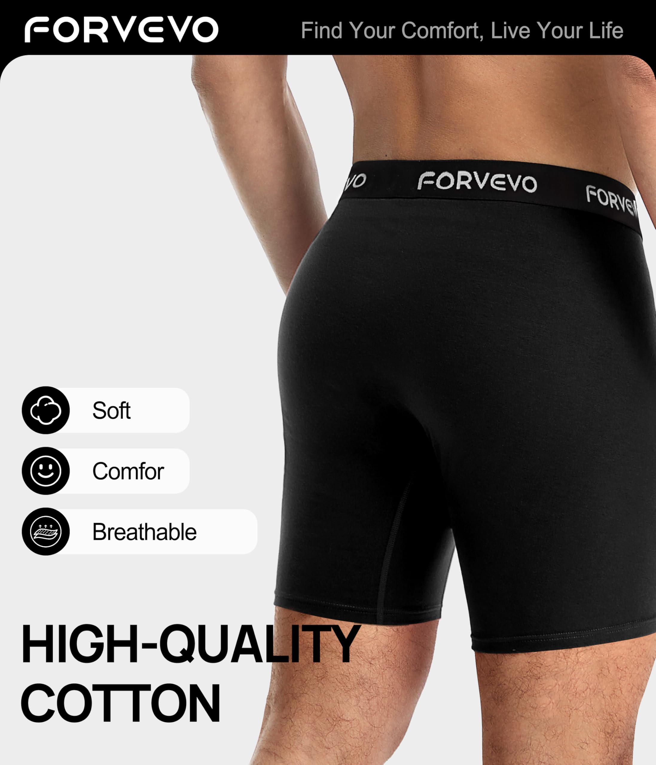 FORVEVO Confezione da 3 boxer da uomo, in cotone, a gamba lunga, traspiranti, anti sfregamento, senza etichette pruriginose (M-XXL), Nero , XXL