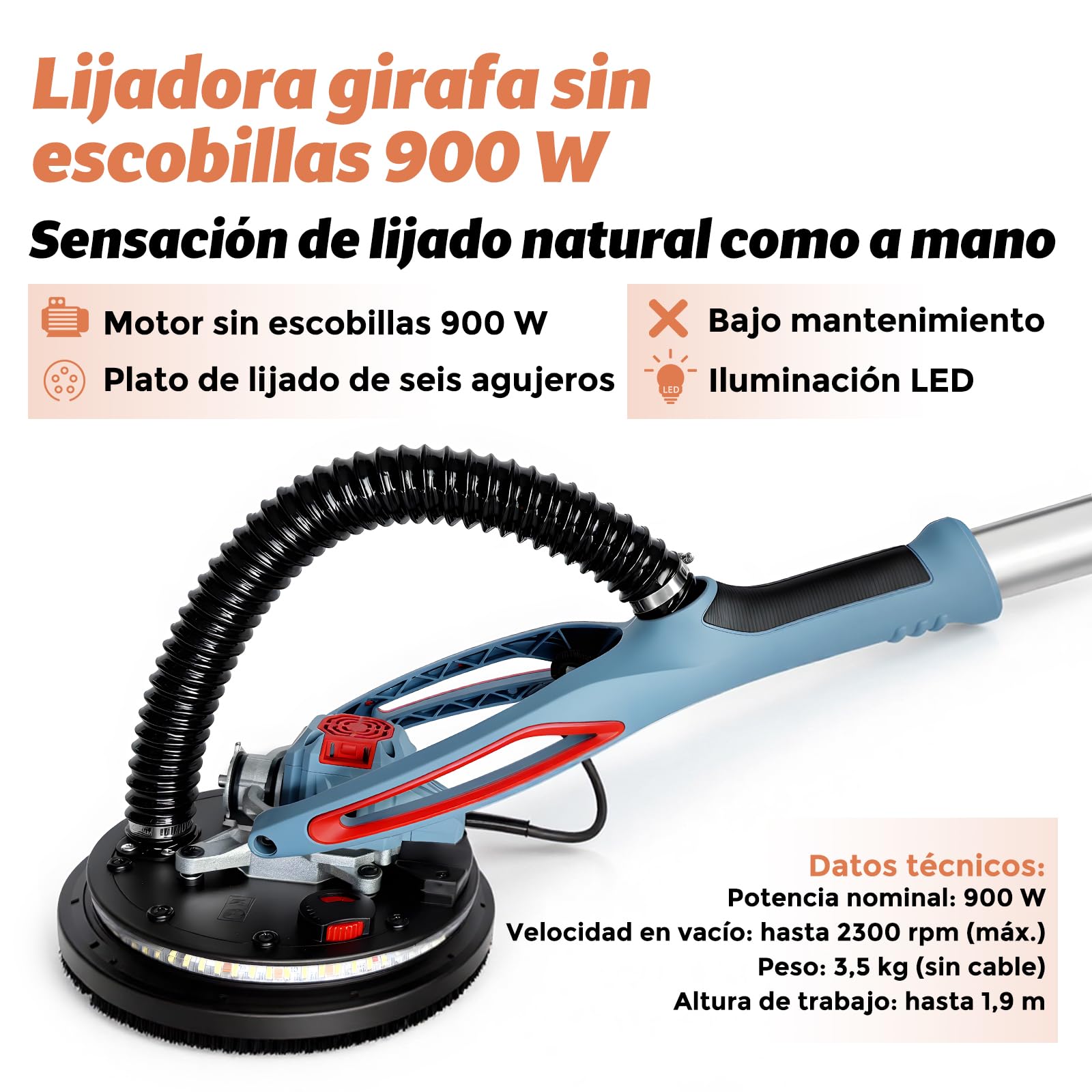 FANZWORK Lijadora Pared y Techo 900 W sin Escobillas, Ultra Ligera, 2300 rpm, LED, Incluye 12 Discos de 225 mm y Maletín