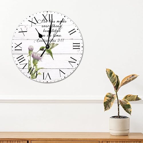 Miniatura 42 de ArogGeld He Made Everything Beautiful - Reloj de pared de PVC con flores rosadas, colibrí, reloj de pared grande con cita y números romanos, reloj