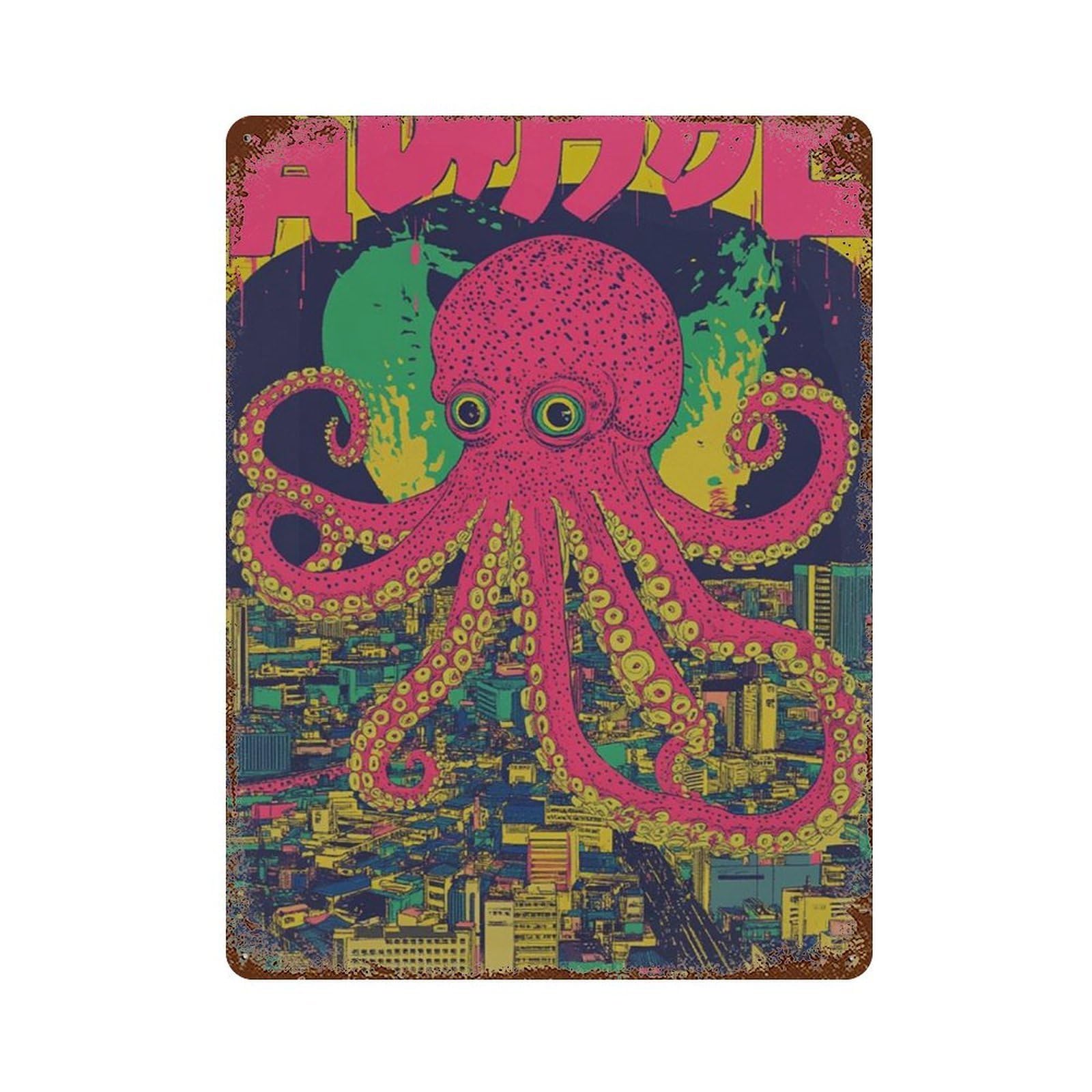 xiaoxiaoshen Giant Octopus Tokyo City Japanese Urban Bold Neon Graphic Wall Decor Art Metal Tin Poster Modern Home Decor Art Home Bar Shop Decorations Vintage Sign 40x30cm