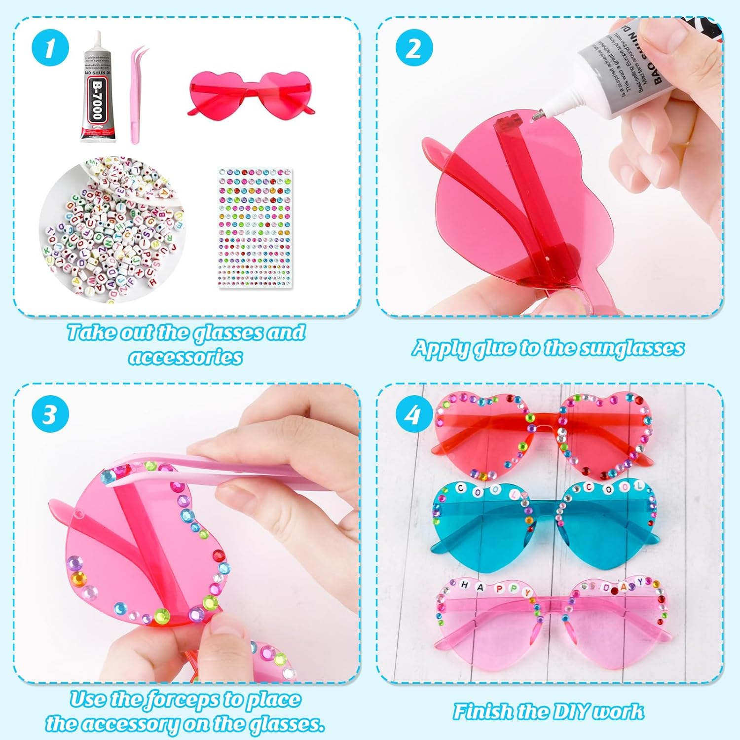 12PCS DIY Heart Sunglass Decorating Kit Heart Sunglasses Bulk for Women, Customizable Party Favors Accessories for Theme Parties,Fan Gathering, Birthday Decorations (12) - Image 3