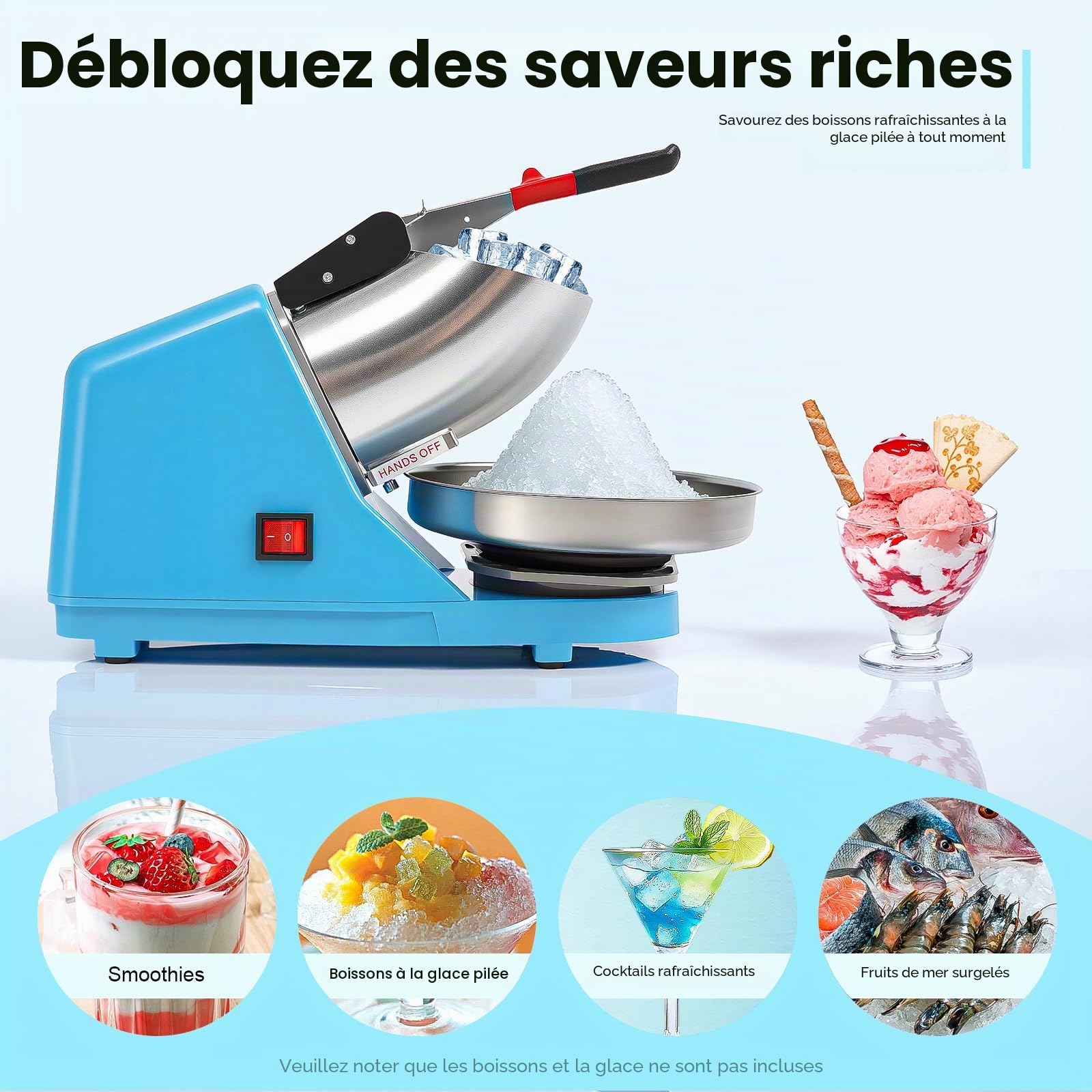 Broyeur à glace électrique, en acier inoxydable, capacité de glace pilée 65 kg/h, pour boissons froides, milkshakes, bleu