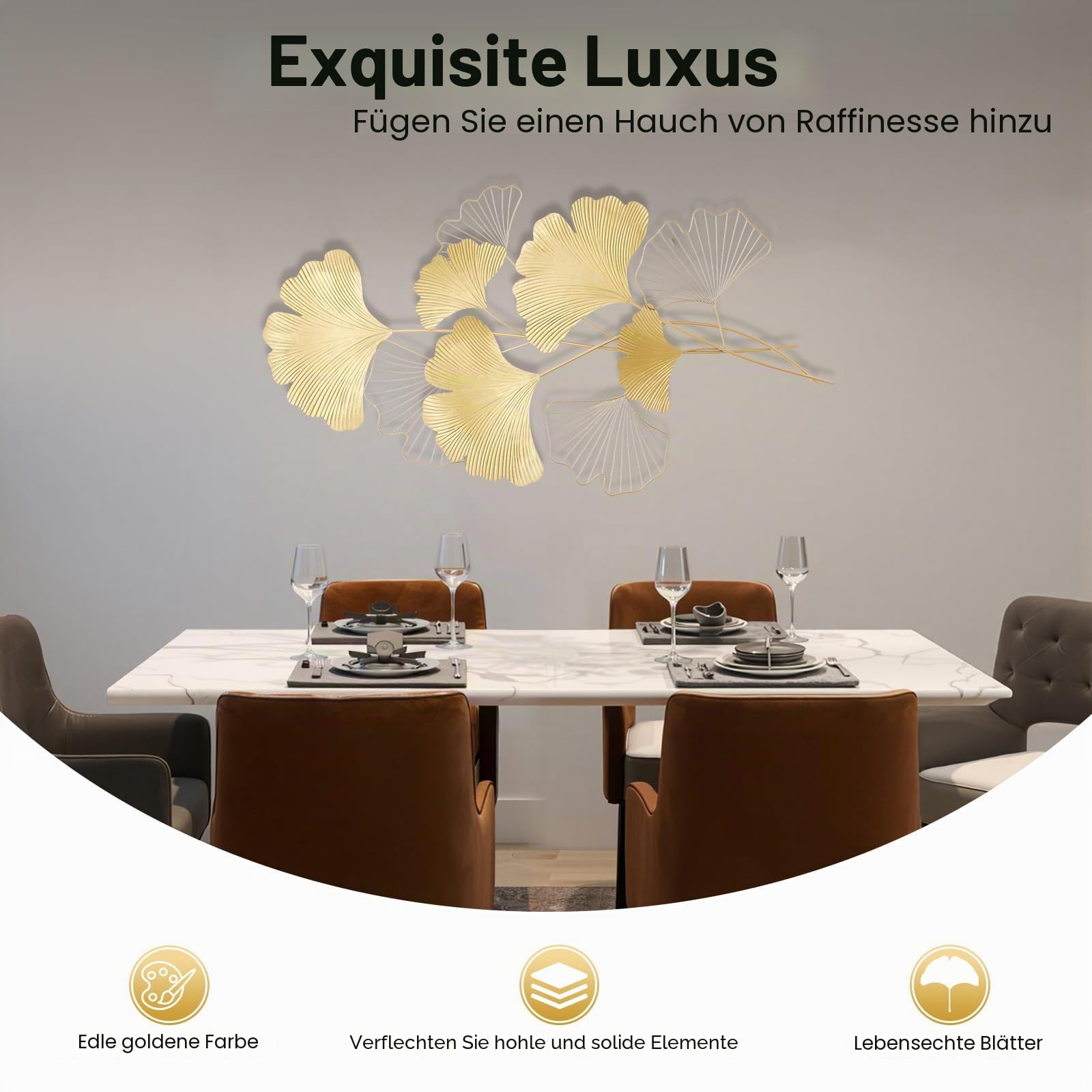 PBTERDTF Wanddeko Metall Gingko 3D Blätter Wandbild GoldWanddekoration Wohnzimmer Dekoration Wand Dekor aus Eise für Wohnzimmer Schlafzimmer Esszimmer (109x55cm)