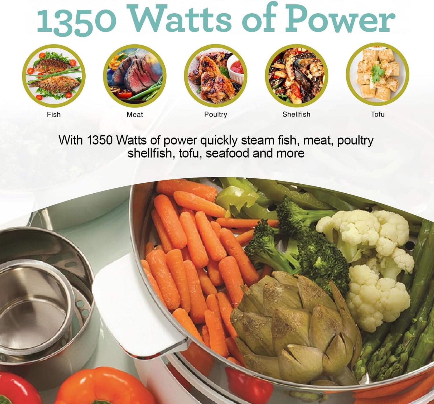 Euro Cuisine FS2500 Electric Food Steamer, Versatile Vegetable Steamer & Steam Cooker Ideal for Fish, Veggie, Meat, Stainless Steel 1200 Watts - Image 4