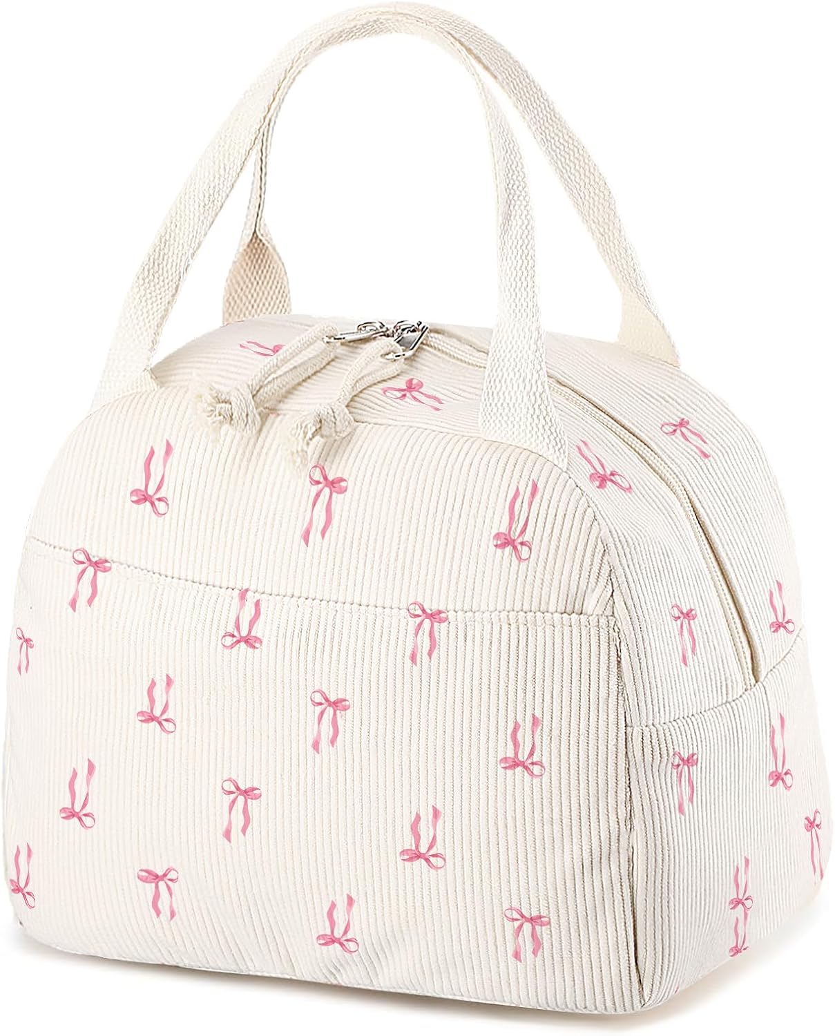 Dansydaisy Pink Bow Lunch Bag Cute Corduroy Insulated Pink Bow Lunch Box for Women Coquette Tote Bag Reusable Large Capacity Cooler Containers Preppy Stuff Gifts for Picnics Travel Outdoor