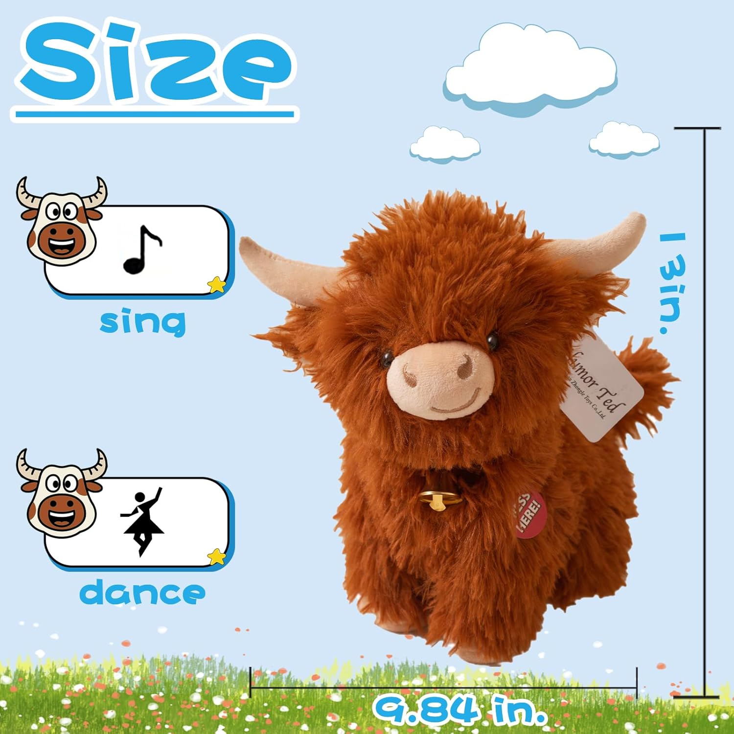 Crazy Dancing Singing Funny Highland Cow Stuffed Animals, Interactive Scottish Highlander Cattle Musical Valentines Day Plush Toys That Can Spin While Playing Songs A Gift for Kids Easter Birthdays