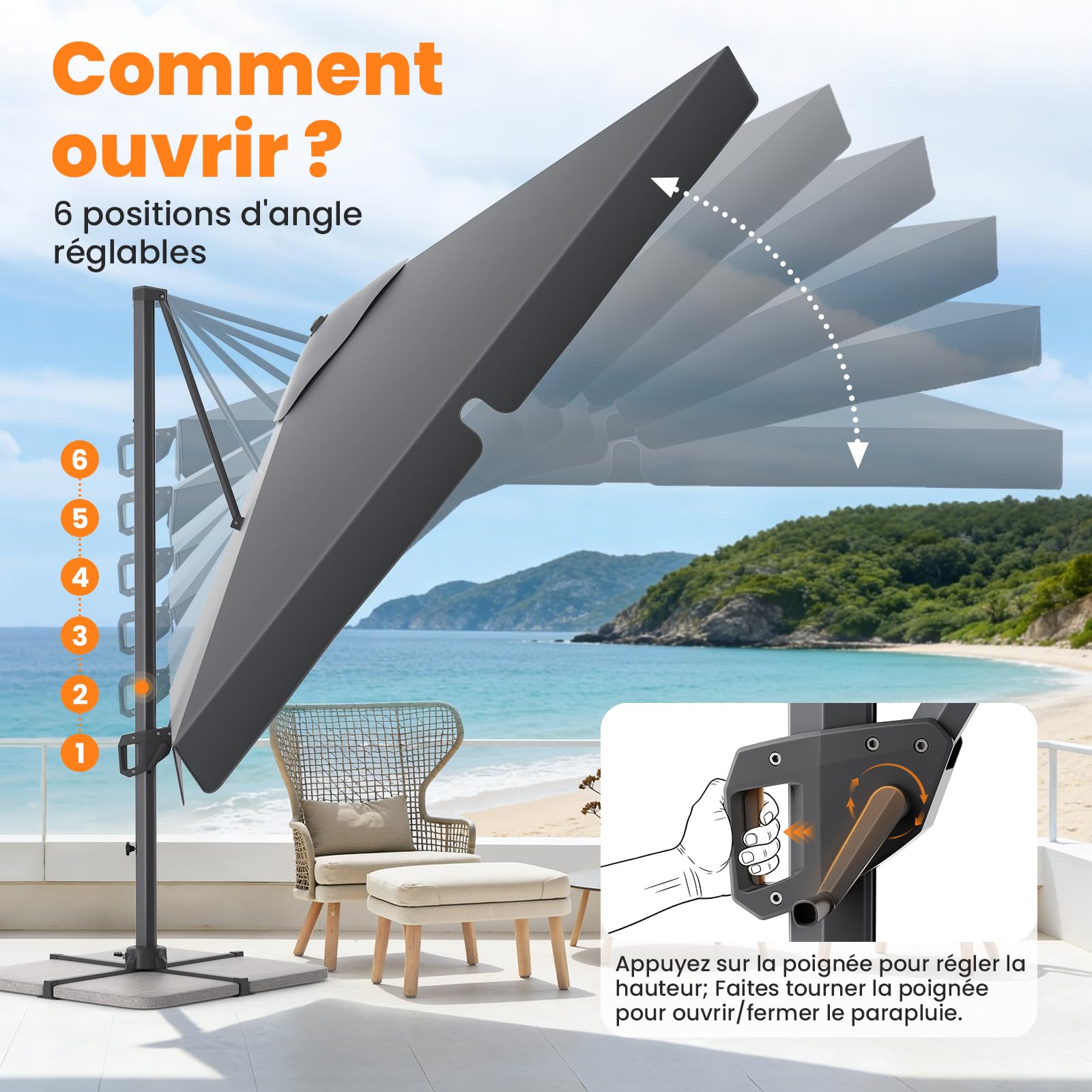 YEAUPE PRO Parasol Déporté Carré, Parasol de Jardin Extérieur avec Manivelle et Réglage Hauteur