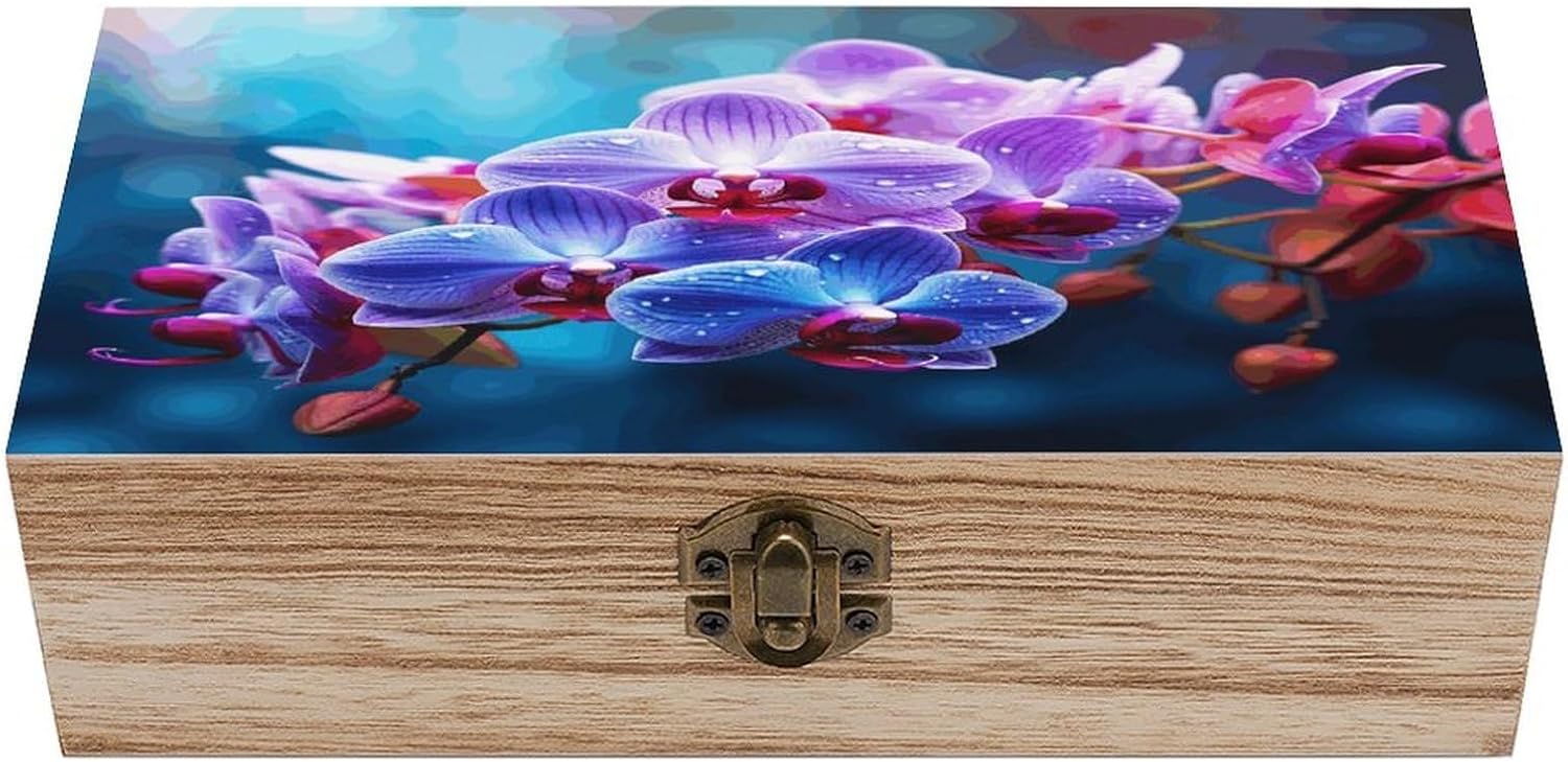 Colorful Orchids Flower Wooden Box with Hinged Lid Vintage Storage Box Beautifully Keepsake Boxes Jewellery Organiser & Trinket Holder Unique Gift Ideas for Men & Women