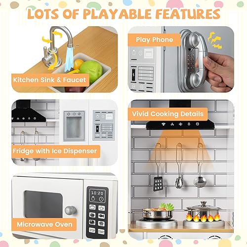 Miniatura 2 de Cocina de juego de esquina para niños, juego de cocina de juguete de madera con sonidos, cocina de juego de simulación para niños con accesorios de