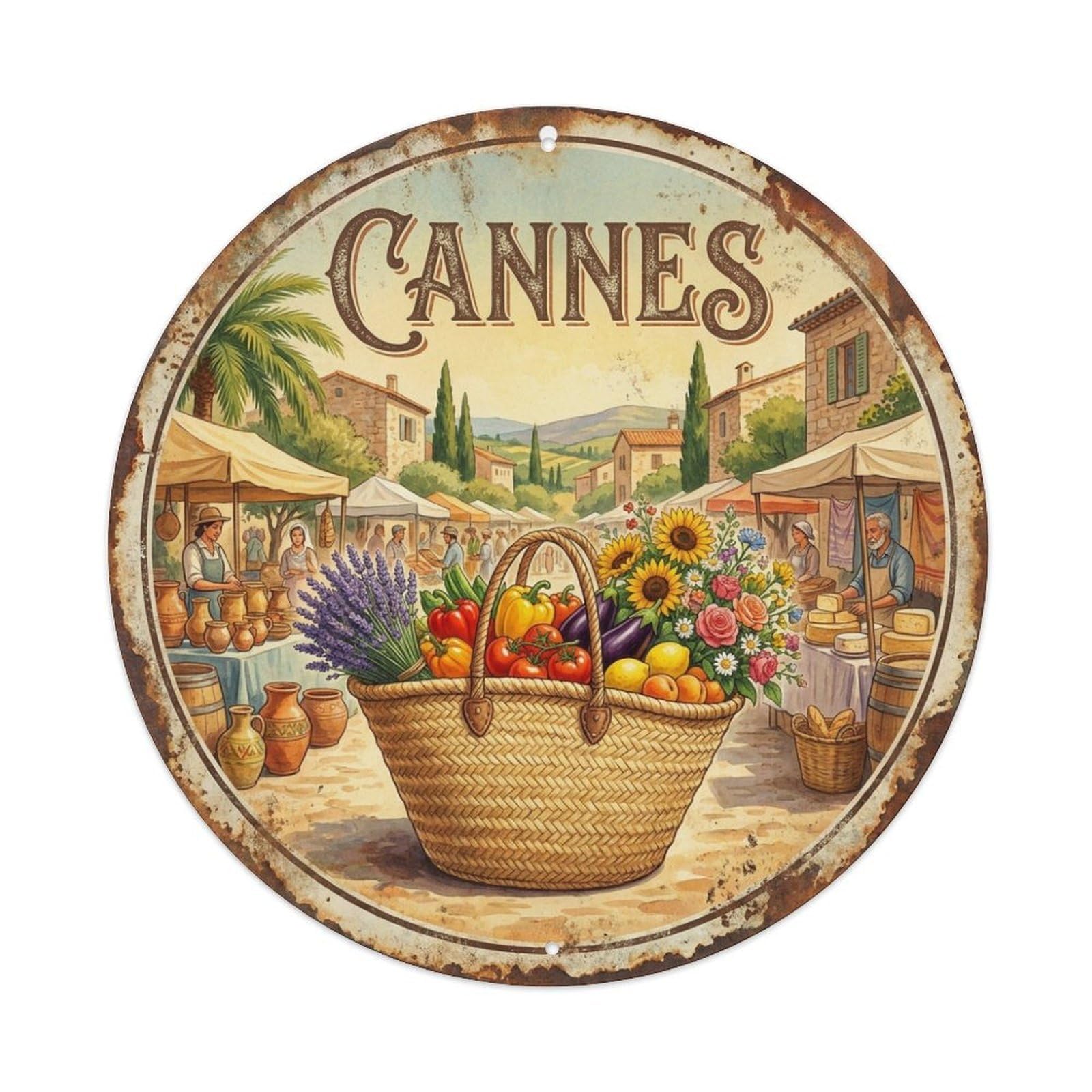 Retro Cannes Straw Basket French Riviera Culture Travel Metal Tin Sign