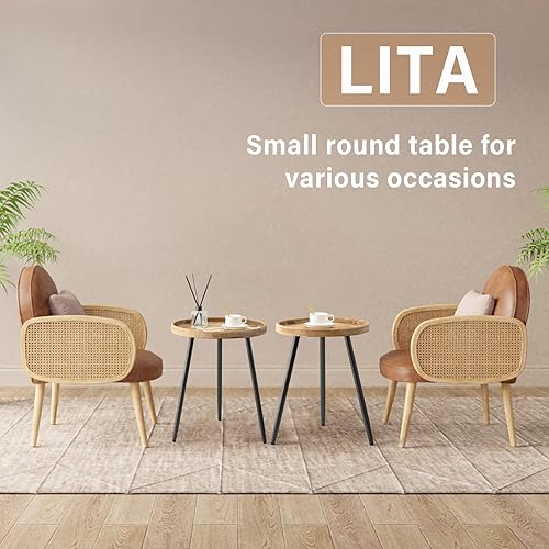 Miniatura 8 de LITA Mesa auxiliar redonda de 2 piezas, mesas de noche, escritorio de troncos, mesa de bandeja de madera con soporte de metal negro para sala de
