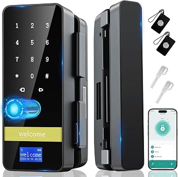 Biometric Fingerprint Glass Door Lock for Frameless Office & Shop Doors 10-12mm, Keyless Bluetooth Smart Lock with App, Time Attendance Log & Remote Code, Fits Sliding & Swing Glass Partitions