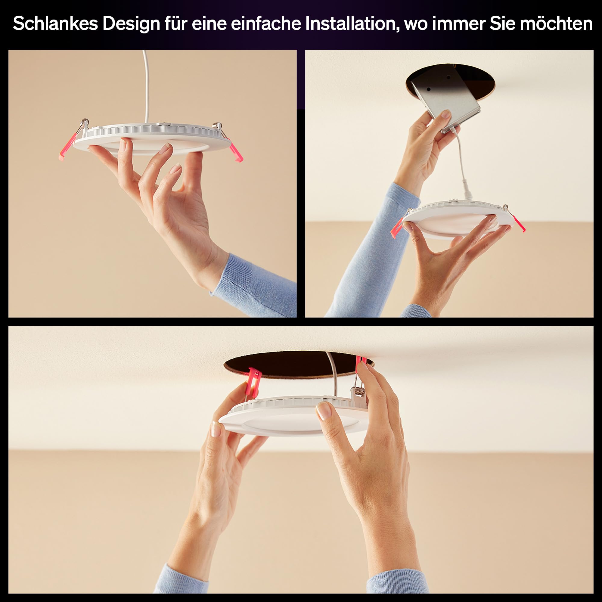 Philips Hue Slim Downlight, Smarte LED-Beleuchtung, 1.000 lm, 90 mm, Schlankes Design, Vollspektrum-Tagesl. 1.000–20.000 K, Extrem Stufenlos Dimmbar, Präzise Farbe, Smart Lighting, Schwarz, 3er-Pack