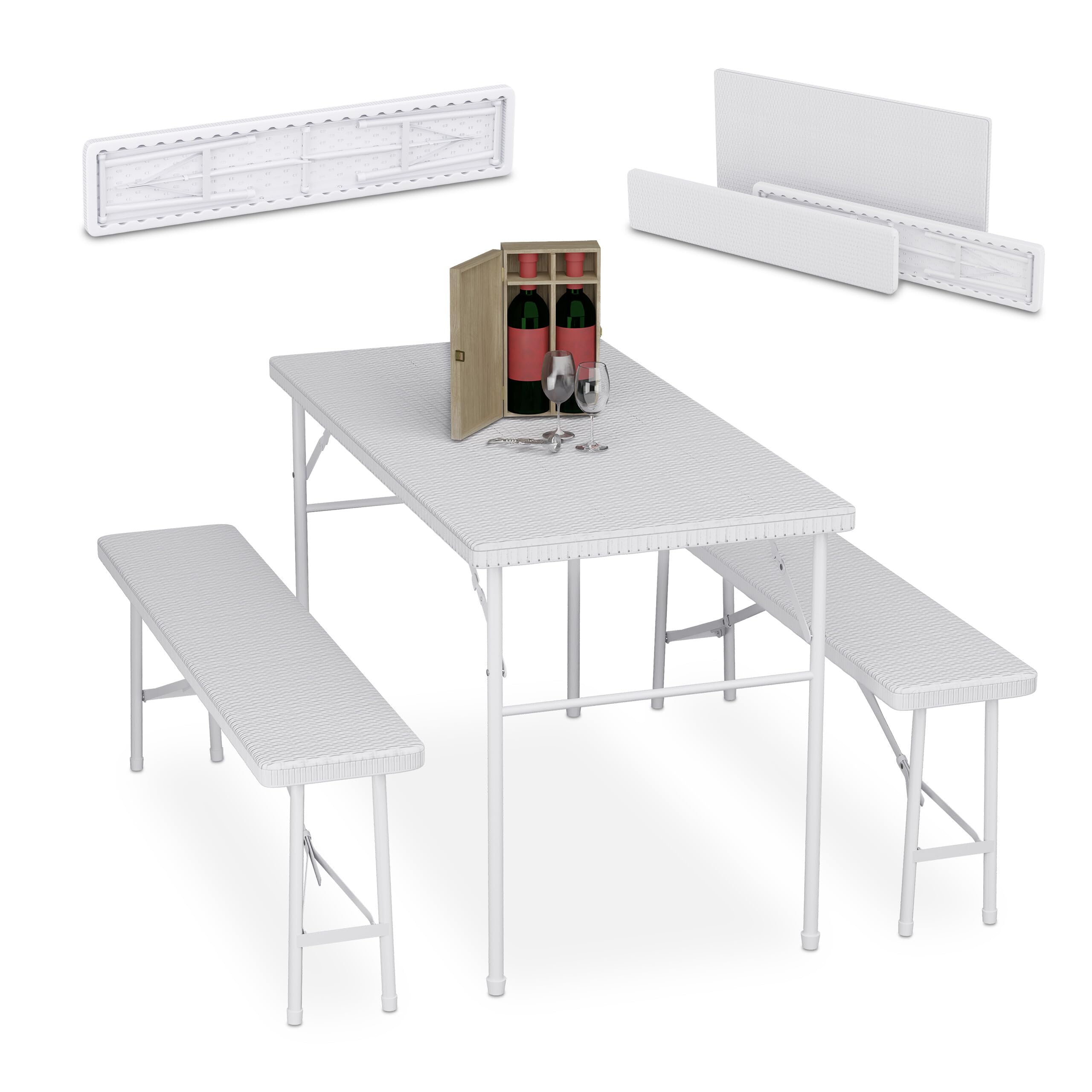 Relaxdays Tavolo da Birreria con Panche, Set da Giardino con Panchine e Tavolino Pieghevoli, Mobili Stile Rattan, Bianco