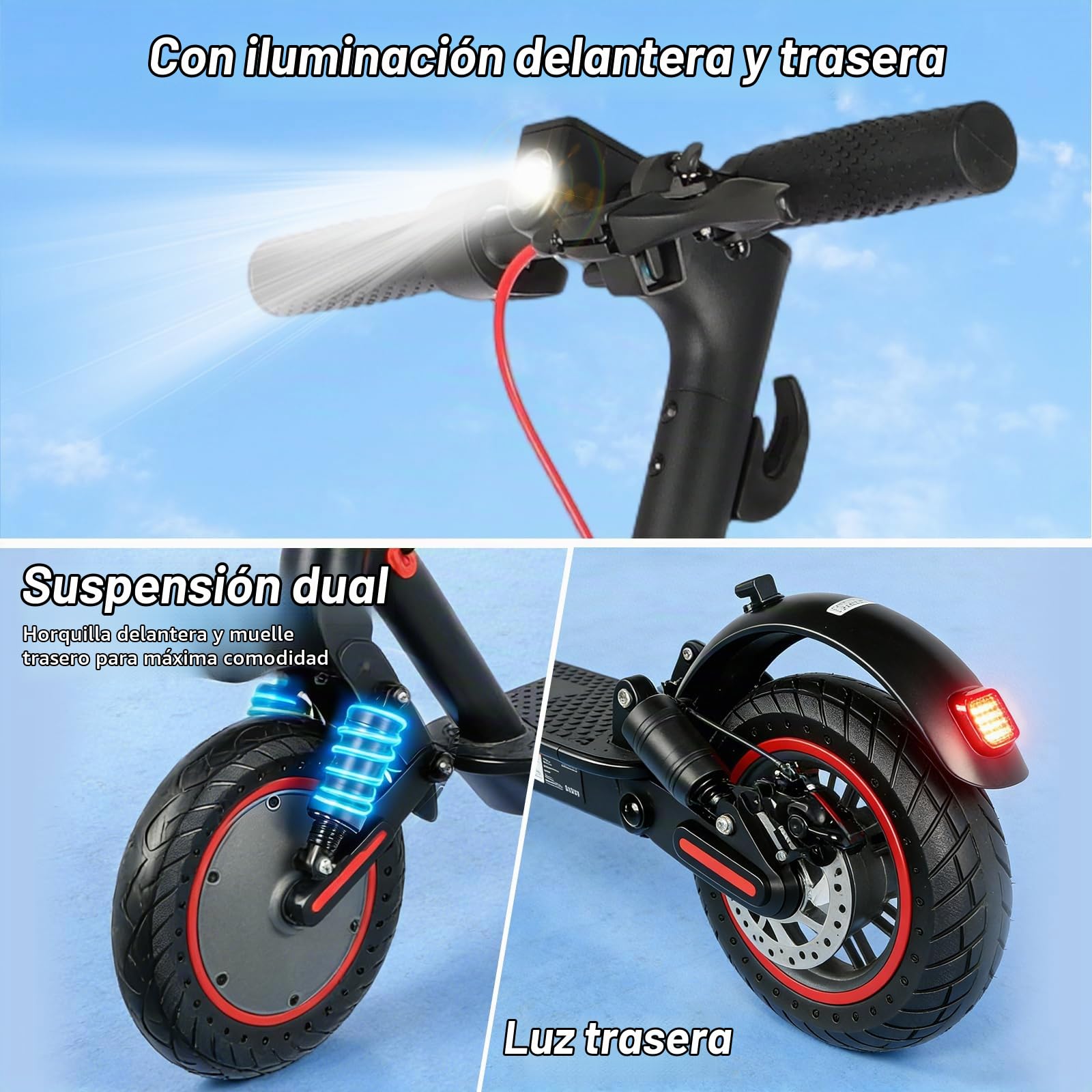 Patinete Eléctrico Adultos 350W, Velocidad Máx 25 km/h, Autonomía 25-30 km, Ruedas Antipinchazos de 10", Doble Suspensión, Freno Electrónico + Freno de Disco, Plegable, Carga Máx 120 kg, IPX5