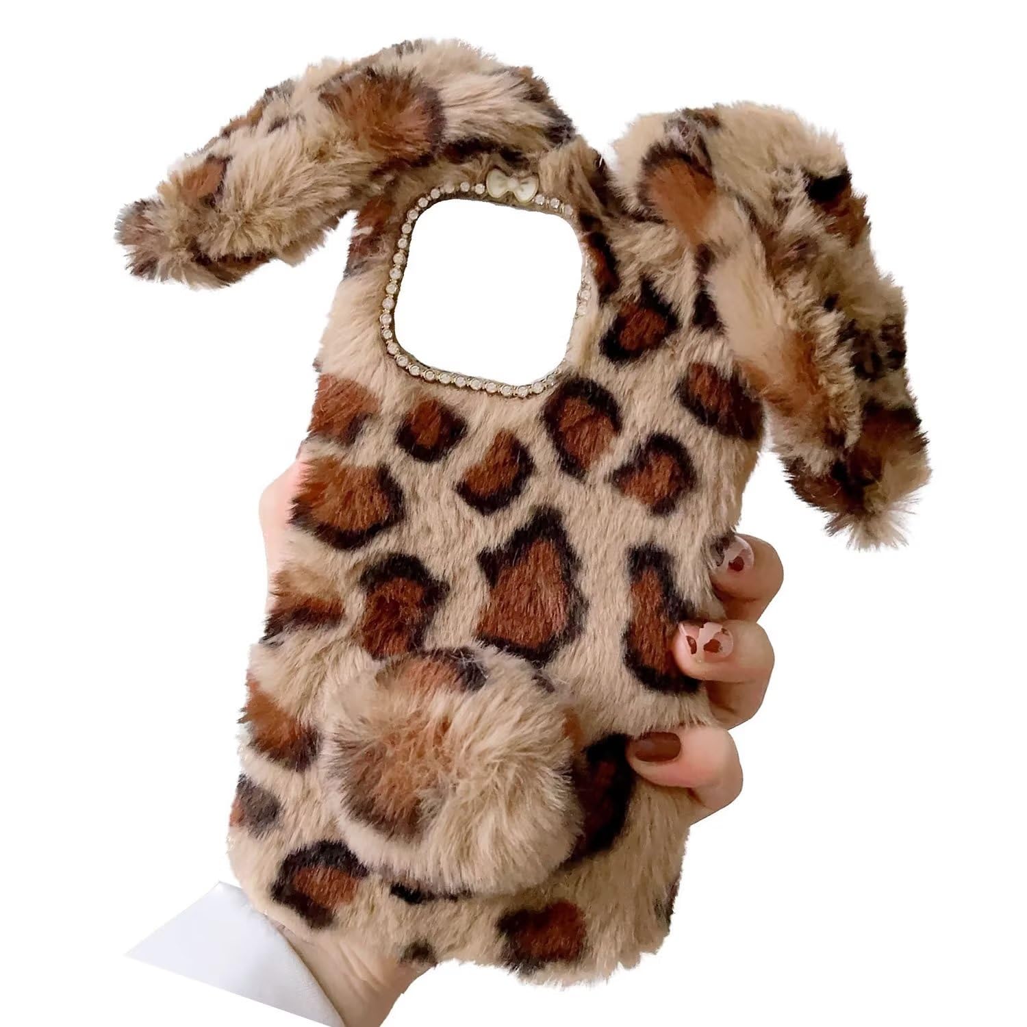 Miagon Furry Bunny Case for iPhone 8/7/SE 2020/2022,Leopard Cover Girls Women's Super Soft Winter Warm Funny Rabbit Ear Faux Fur Hair Plush Fluffy Ball Cover