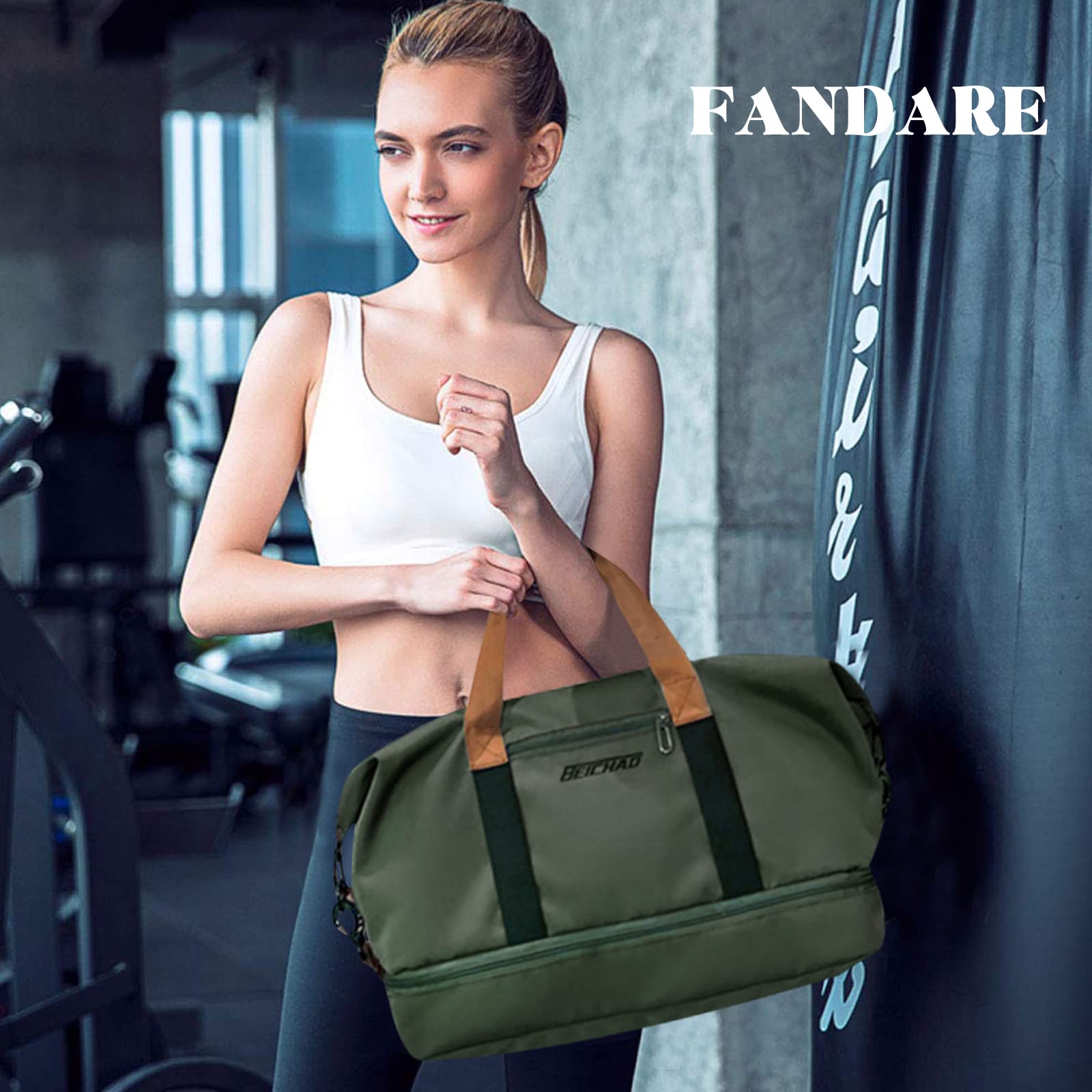 FANDARE Bolsa de Viaje Deportiva Gimnasio Mujer Hombre Fin de Semana Senderismo Maleta de Mano con Bolsillo Húmedo y Compartimento para Zapatos Verde