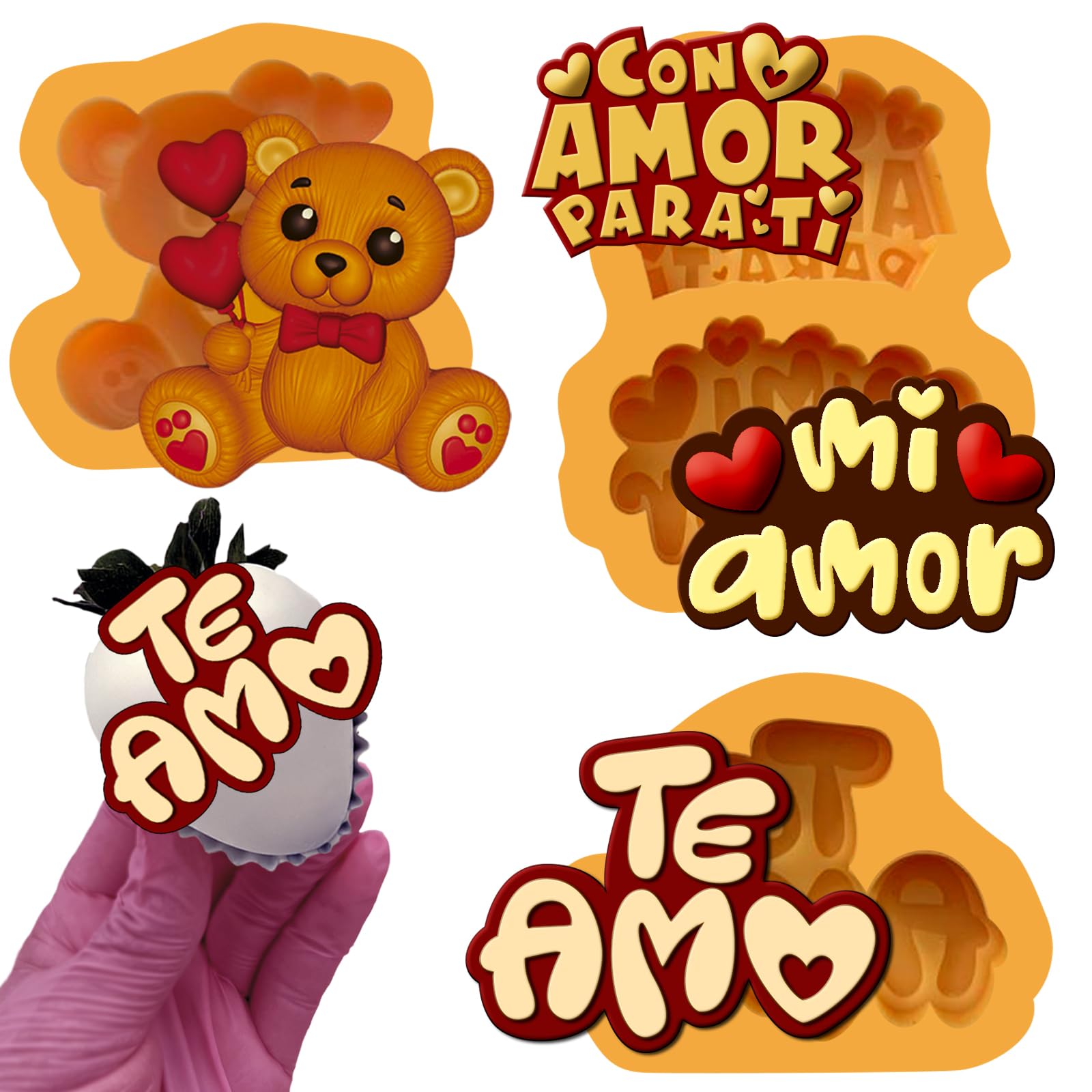 3 moldes de silicona románticos con frases en español, moldes de fondant con tamaño perfecto para fresas cubiertas de chocolate, cupcakes, fondant y pequeños dulces.