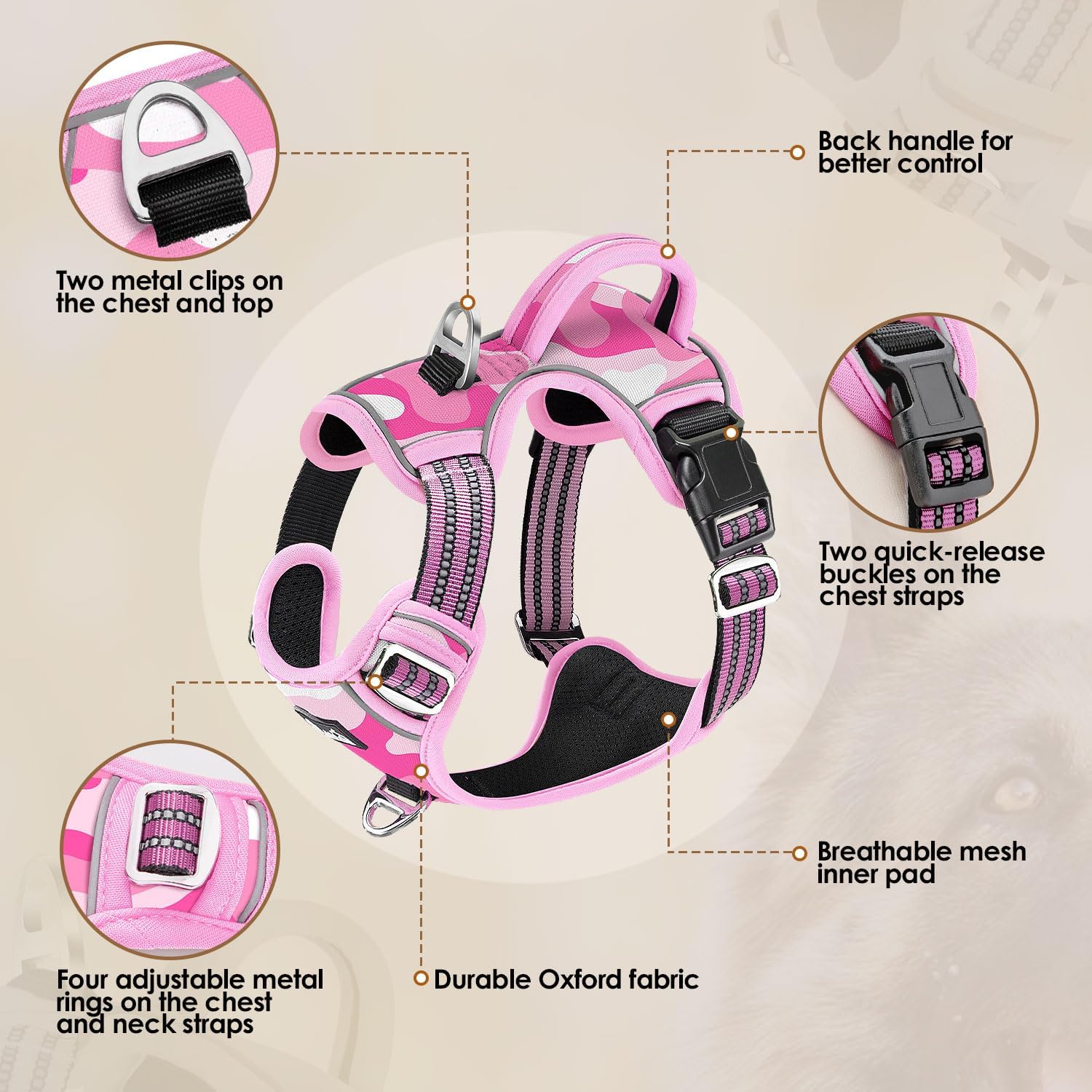 SlowTon No Pull Dog Harness, Heavy Duty No Choke Pet Harness with 2 Leash Clips and Easy Control Vertical Handle, Adjustable Soft Padded Dog Vest for Small, Medium and Large Dogs (Pink Camo,Large)