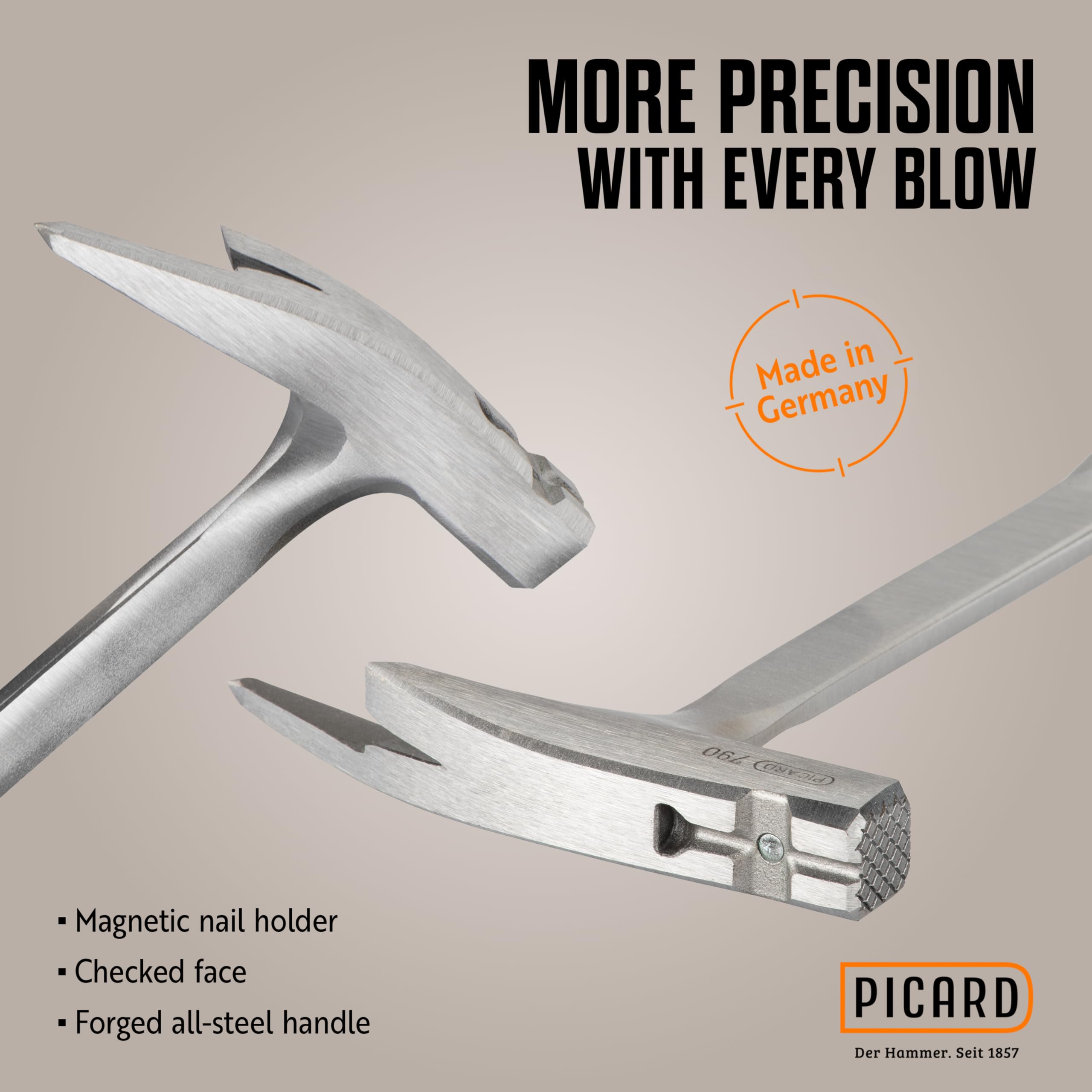 PICARD Martillo Largo de Acero Total | Martillo de Carpintero con Soporte Magnético para Clavos | Martillo con Mango de Acero Total y Mango de Cuero | Herramienta para Techadores, Carpinteros y