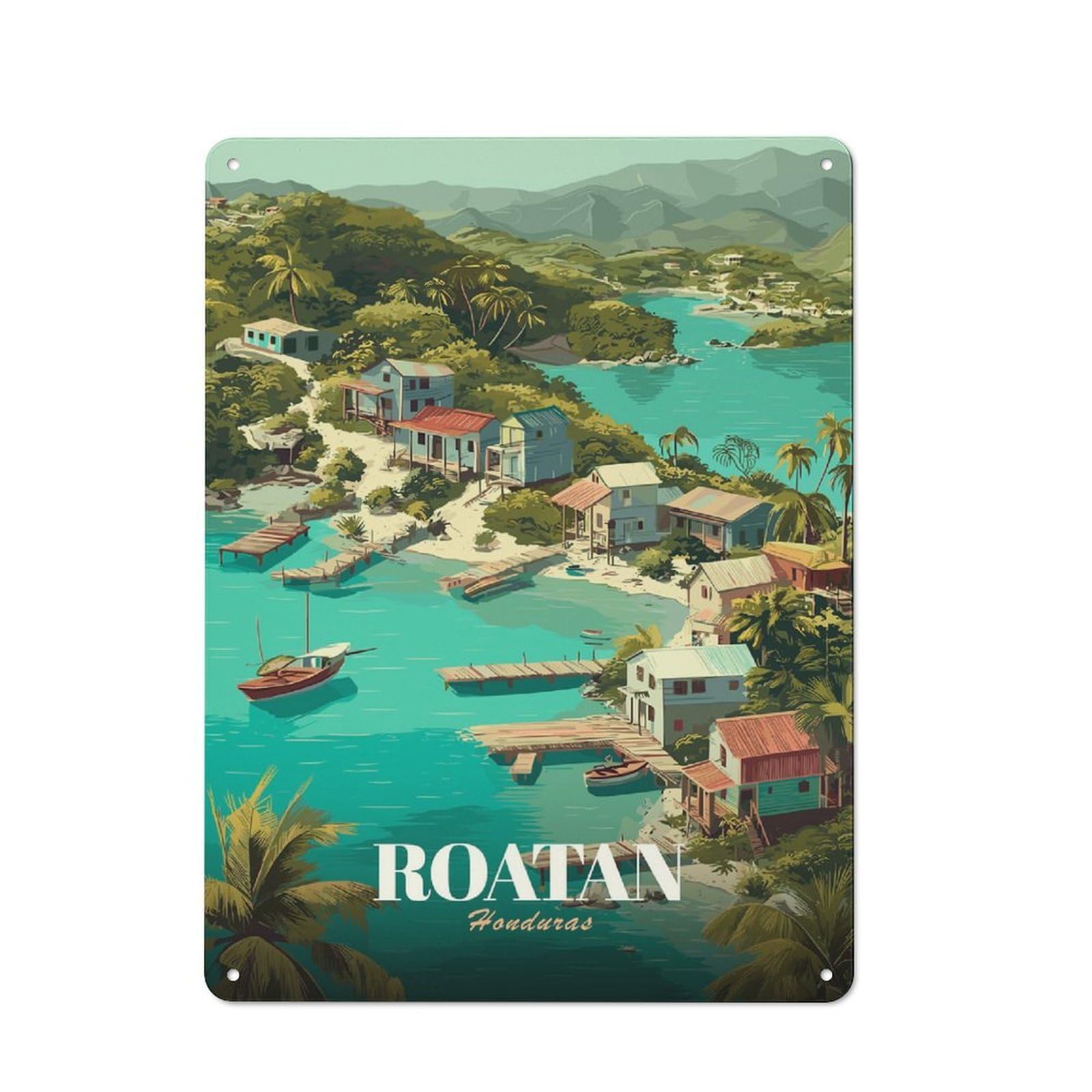 Junmoney Style-13 Roatan Honduras Tropical Island Illustration Decorative Metal Wall Decor 40X30cm, Metal Gift Sign For Hallway, Home Bar, Garage Or Study