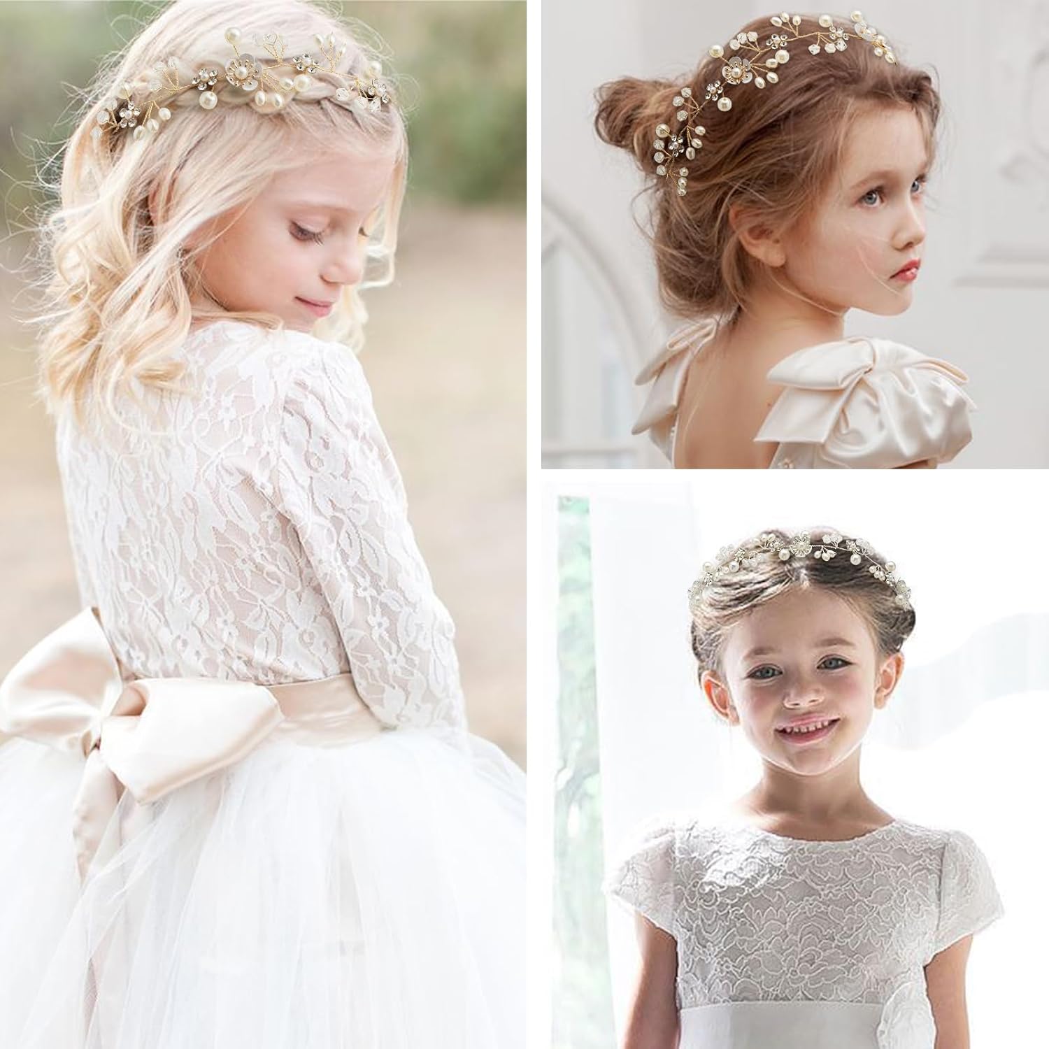 Flower Girl Headband, Princess Crystal Headpiece,Flower Girl Hair Accessories, Rhinestone Pearl Headband, Suitable for Girls and Bride Wedding （Silver） image 2