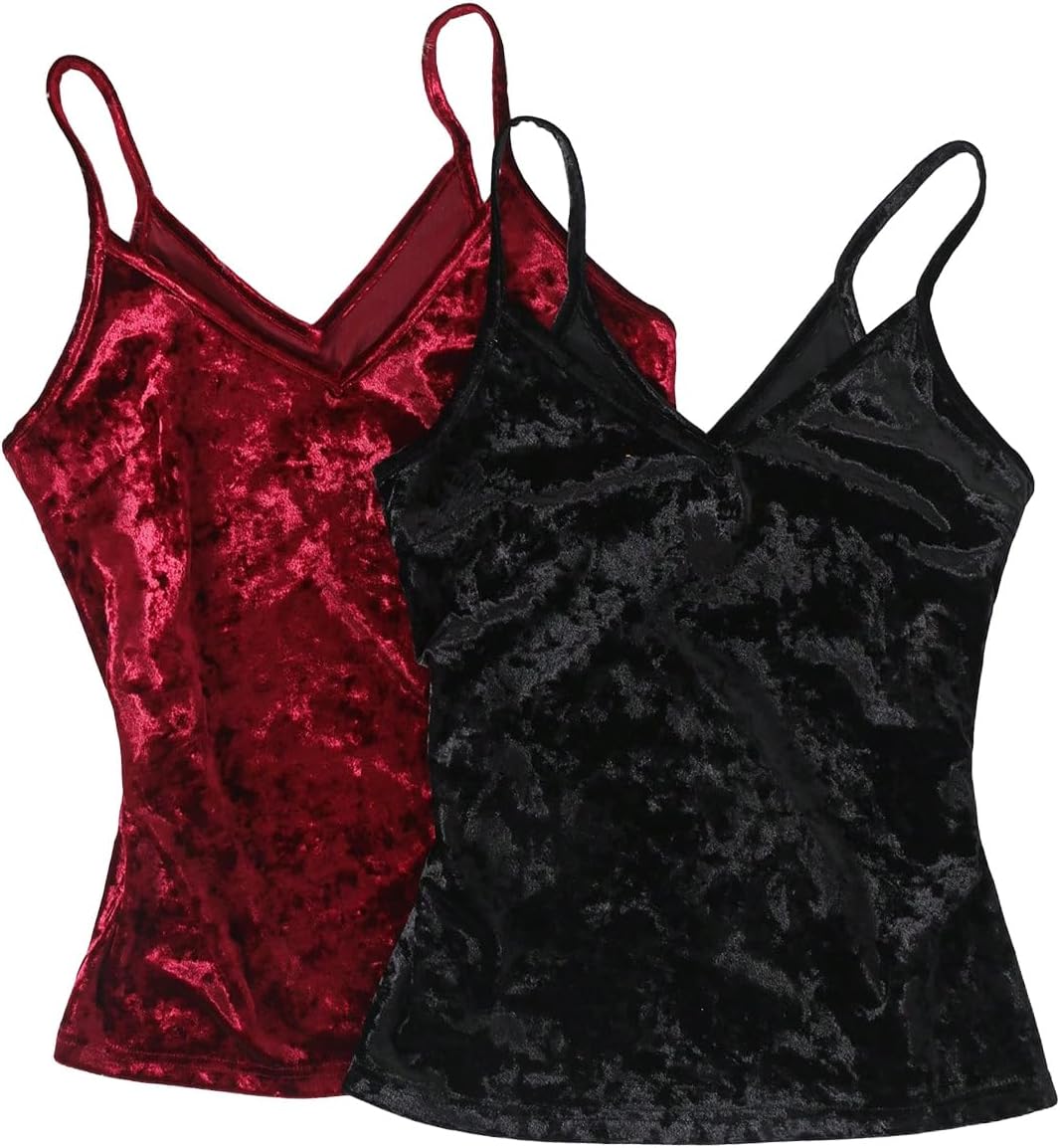 SOLY HUX Women's 2 Piece Velvet Cami Top V Neck Spaghetti Strap Solid Tops