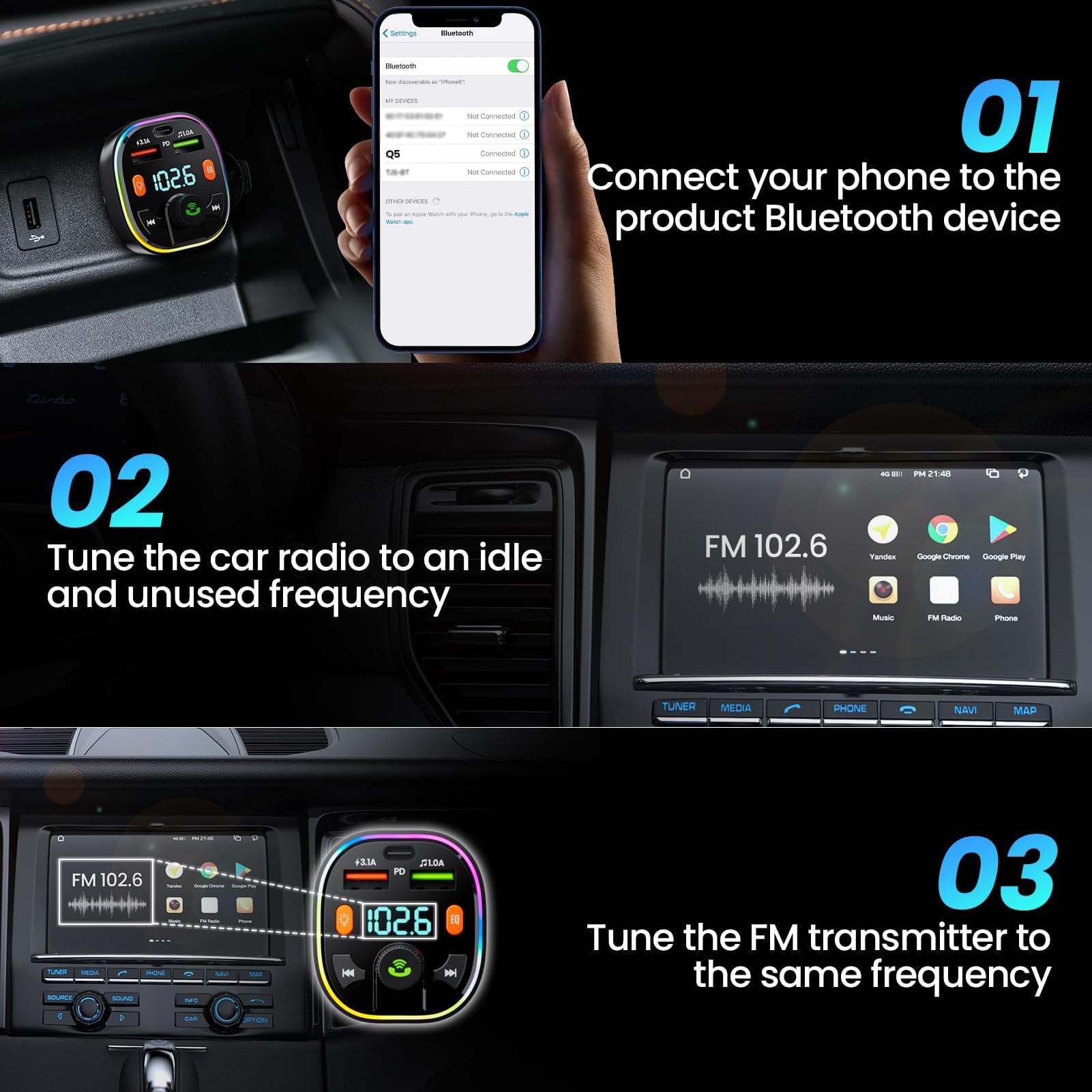 GlasFlength Transmiter FM Auto Bluetooth, adapter do radia samochodowego z zestawem głośnomówiącym PD 20 W i Typ-C QC 3.0 Bass & Hi-Fi Stereo szybkie ładowanie z niebieskim światłem otoczenia
