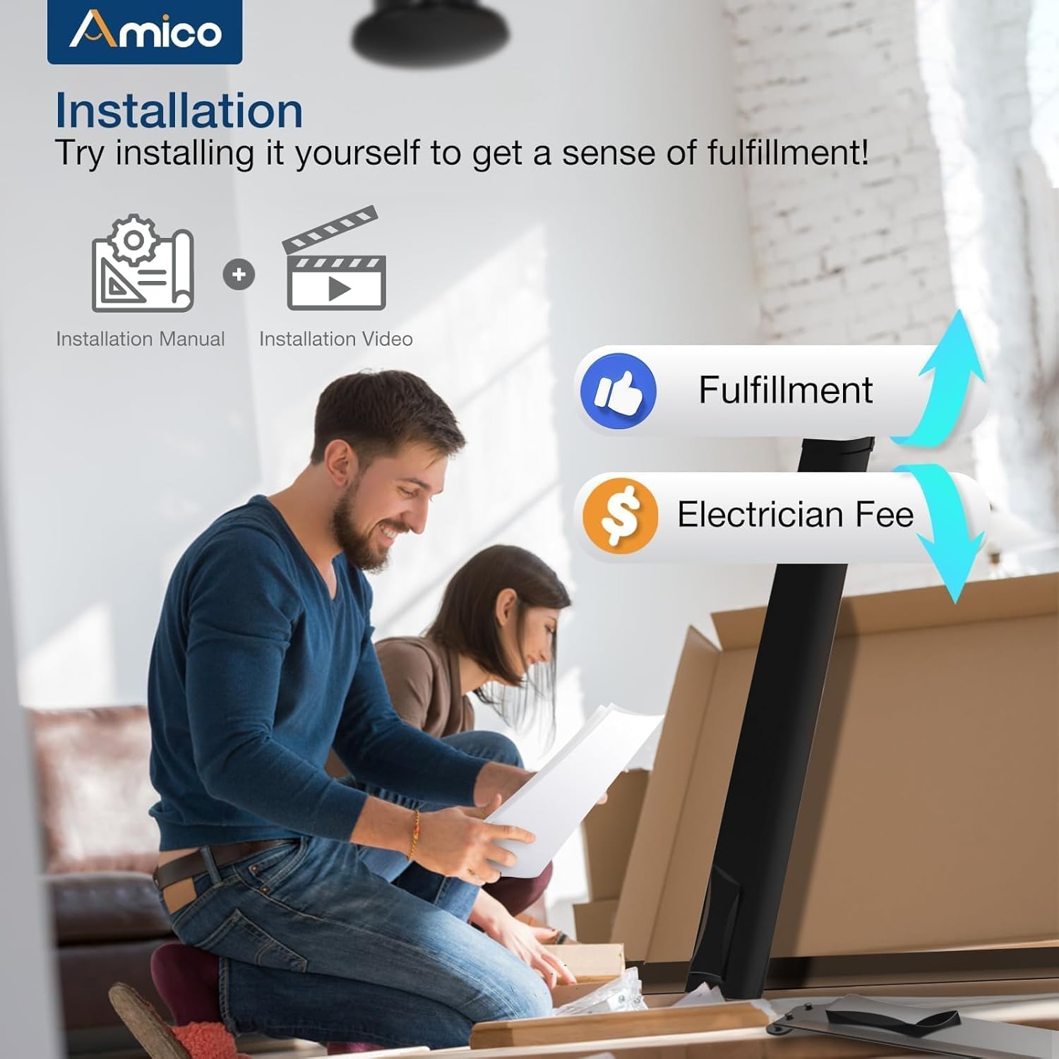 A couple assembling the Amico ceiling fan, illustrating the self-installation process and benefits.