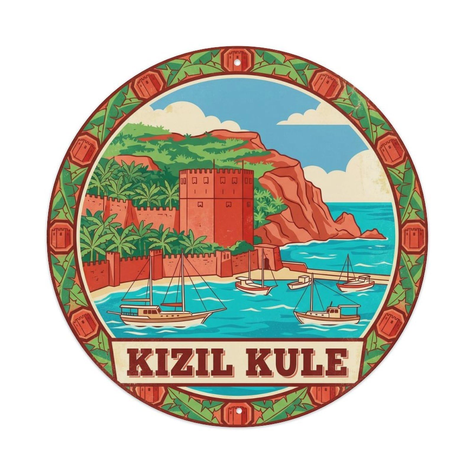 Alanya Red Tower Fortress Travel Turkey Color Block Metal Tin Sign