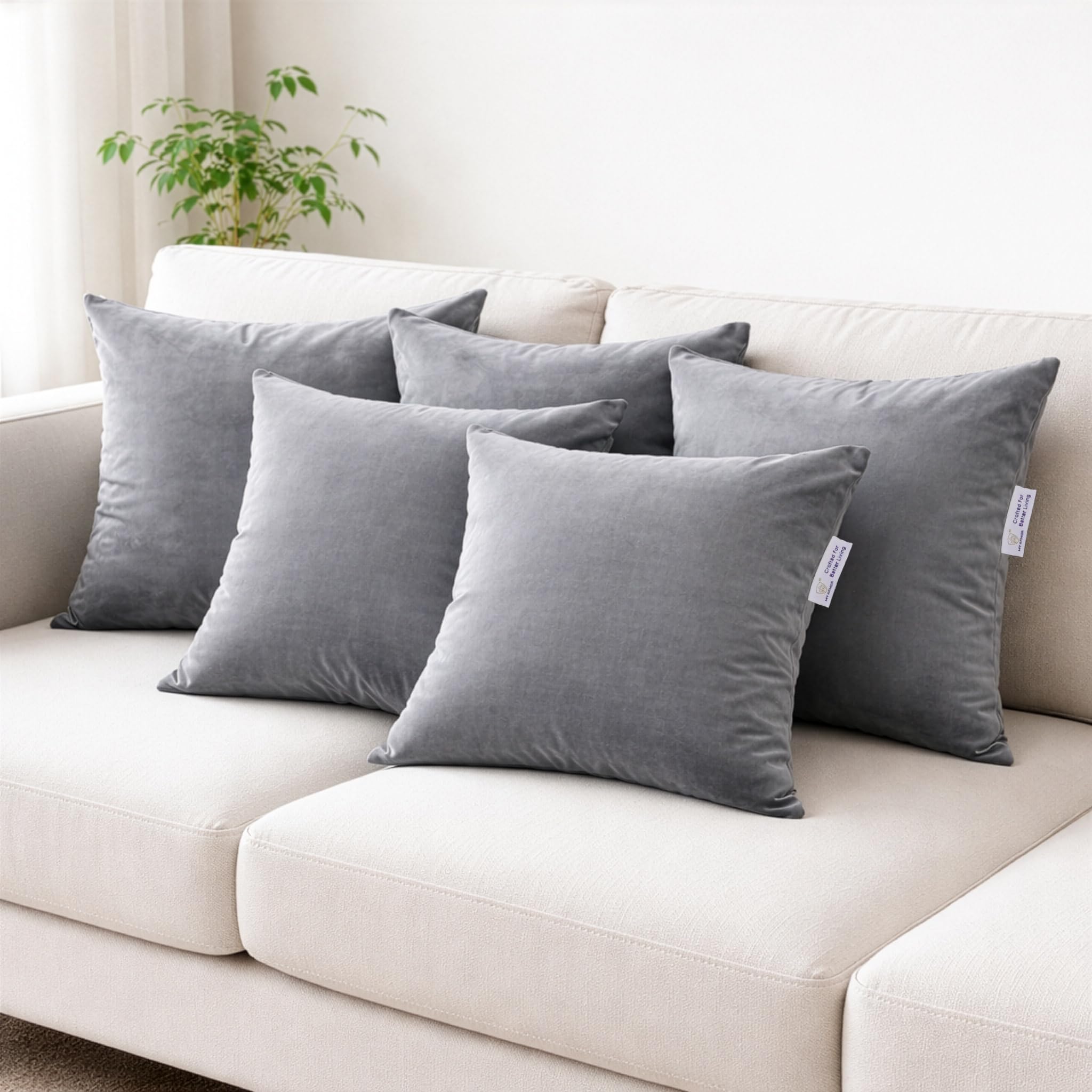 MY ARMOR Microfibre Cushion for Sofa | Set of 5 Soft & Fluffy Square Sofa Cushions | Decorative Sofa Pillows for Bed, Chair, Car & Living Room | Velvet Cover | Grey | 18 x 18 Inch