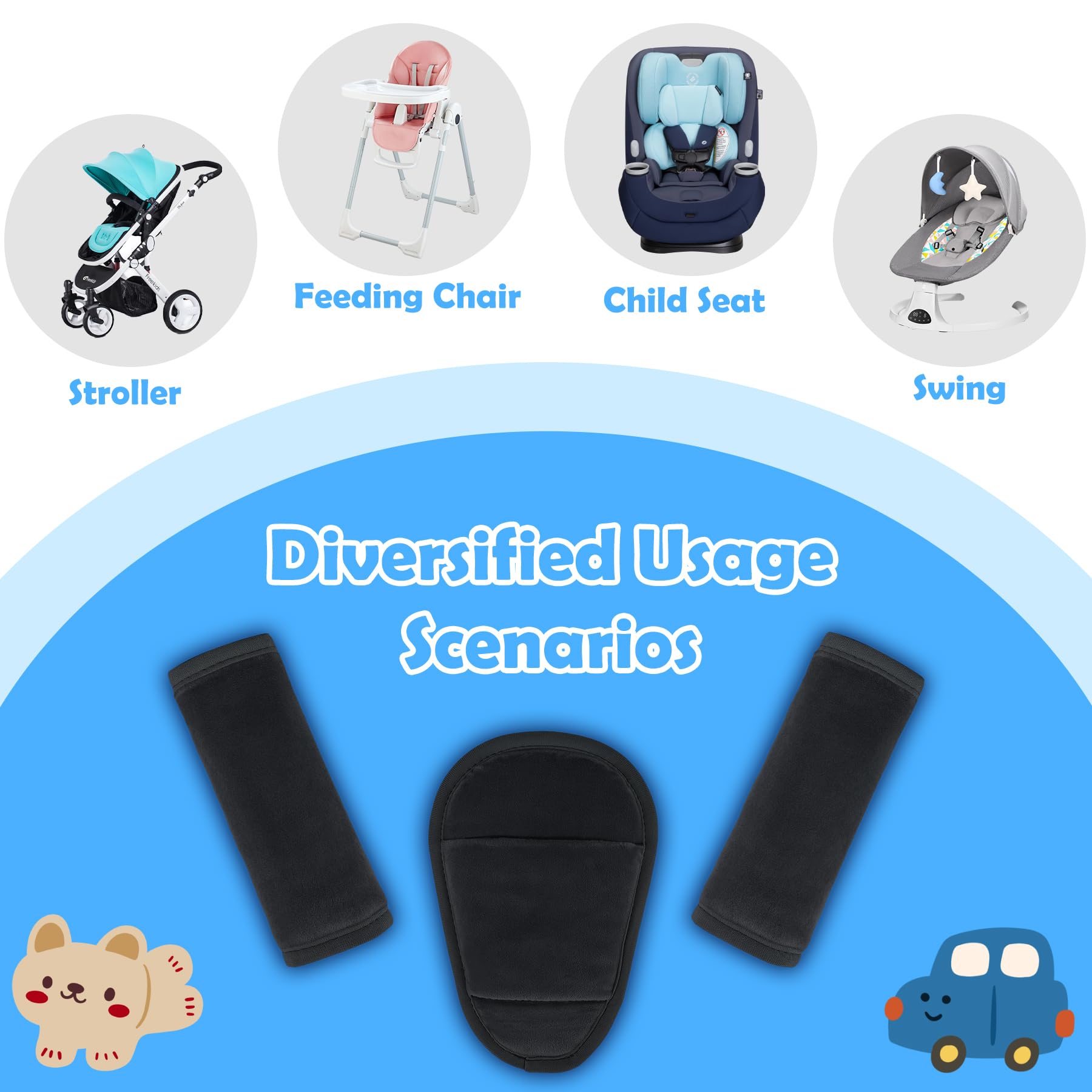 AZAMIA 3 Pcs Car Seat Stroller Straps Pads for Baby, Newborn Soft Shoulder Strap and Crotch Covers, Universal Shoulder Straps Pads for Car Seat, Pushchair, High Chair (Black) - 5