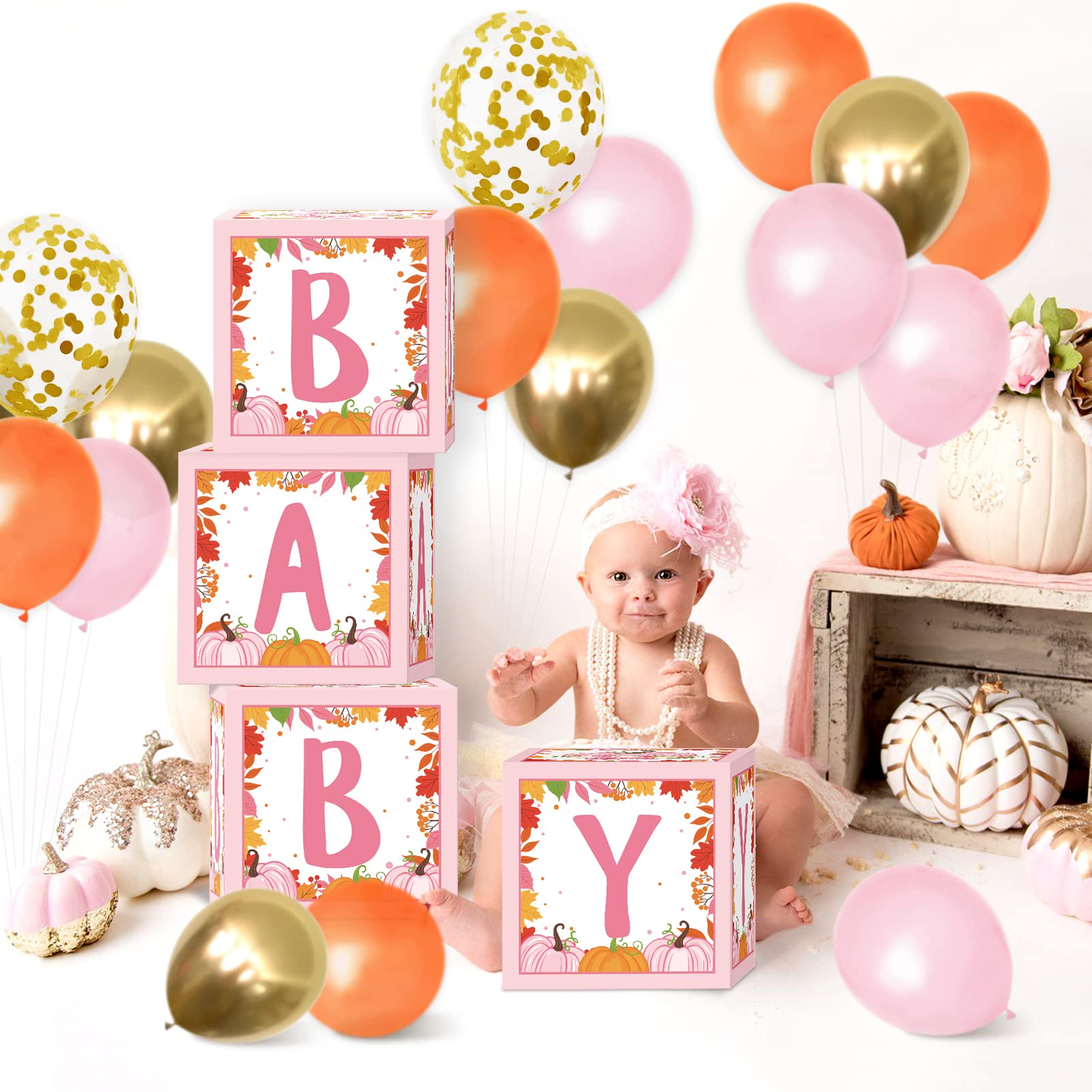 Pumpkin Baby Shower Decorations Balloon Boxes Girls Baby Blocks Decorations for Little Pumpkin Baby Shower Fall Themed Gender Reveal Birthday Party Supplies (Pink)