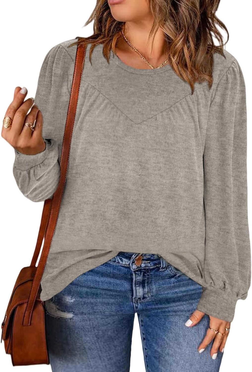 DOLNINE Womens-Plus-Size-Tops Trendy Puff Long Sleeve Shirts Cute Crewneck Pleated Blouses Lightweight Loose Fit Sweatshirts