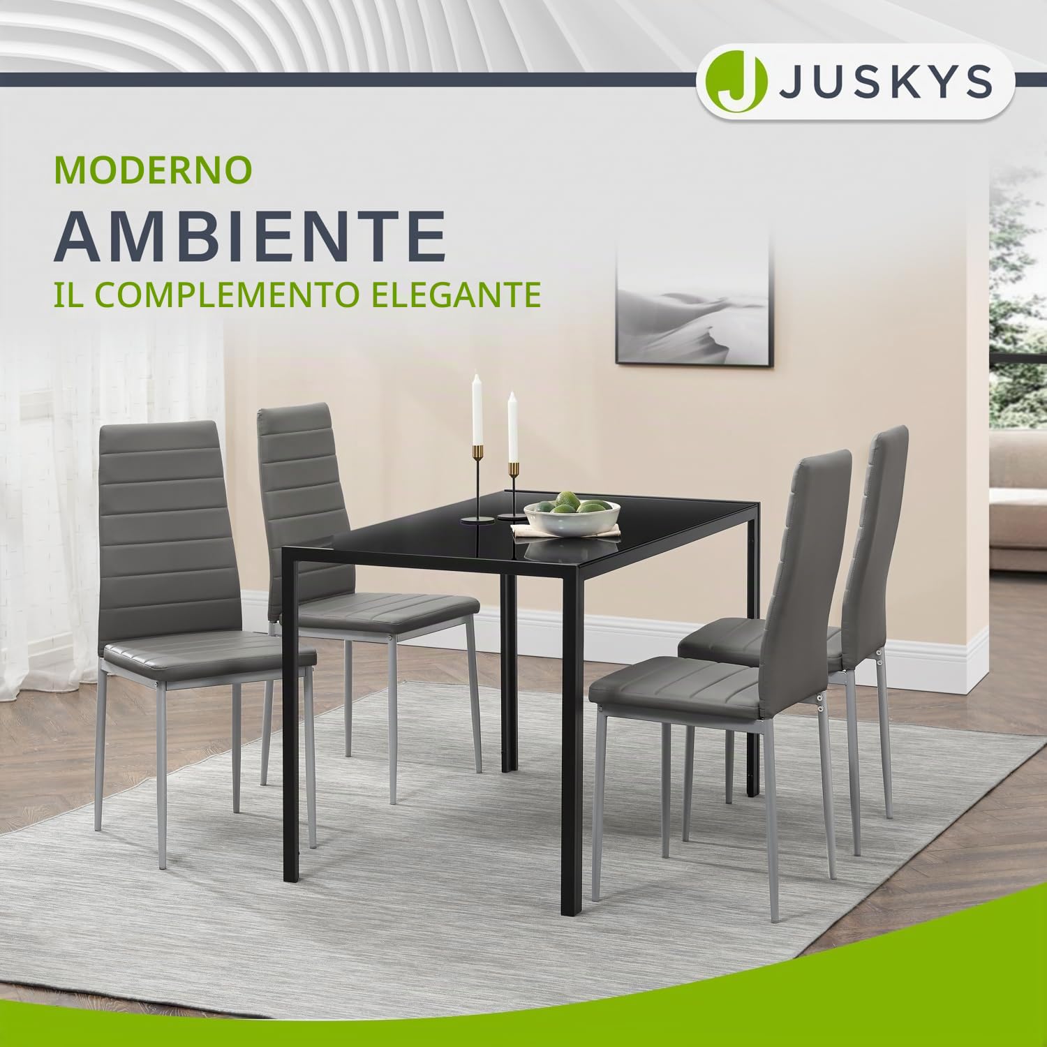 Juskys Set da 4 sedie da pranzo Loja con rivestimento in ecopelle e schienale alto - struttura in acciaio stabile, supporta fino a 120 kg - sedie da cucina e sala da pranzo grigie