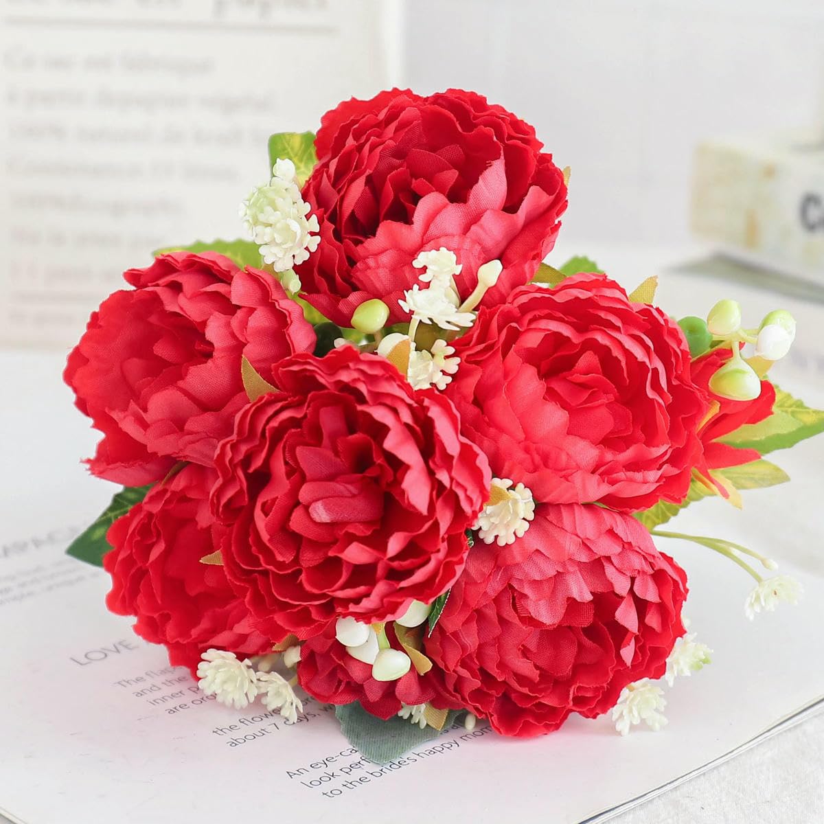 CVJdfhRE fake flowers， Artificial Flowers Silk Peony Hydrangea For Living Room Home Decoration Wedding Bride Bouquet Rose Fake Plants Table Accessories(Red a)